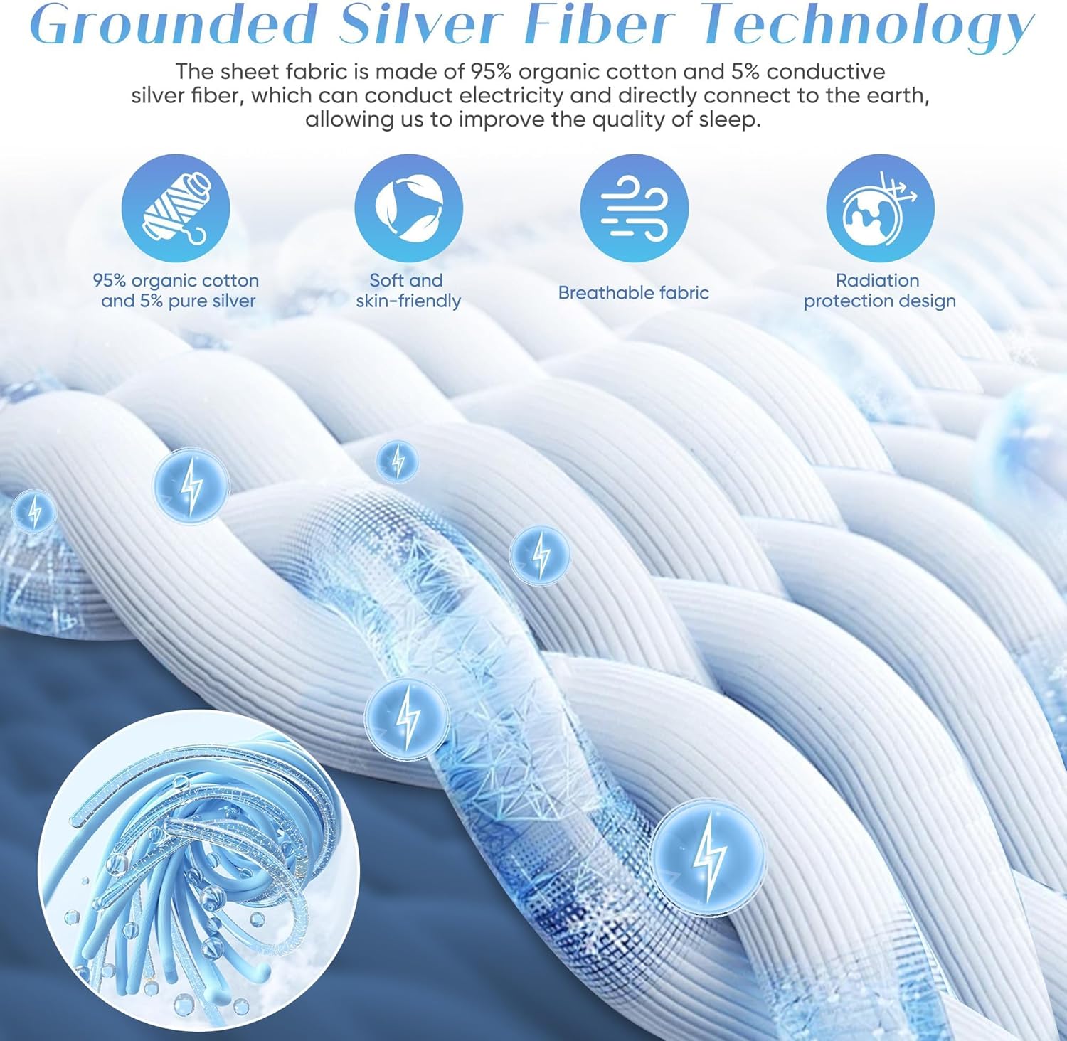 Grounding Sheets King Size, Grounding Sheets Full XL Size, 95% Organic Cotton + 5% Pure Silver Fiber, Grounded Sheet Earth Connected Bedding (Full XL - 54"x 80"x 13" Gray)