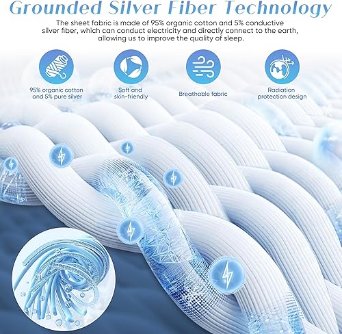 Miniatura 3 de Grounding Sheets - Sábanas tamaño King, 95 % algodón orgánico + 5 % fibra plateada pura, sábanas de tierra conectadas a tierra (King - 77 x 80 x 13