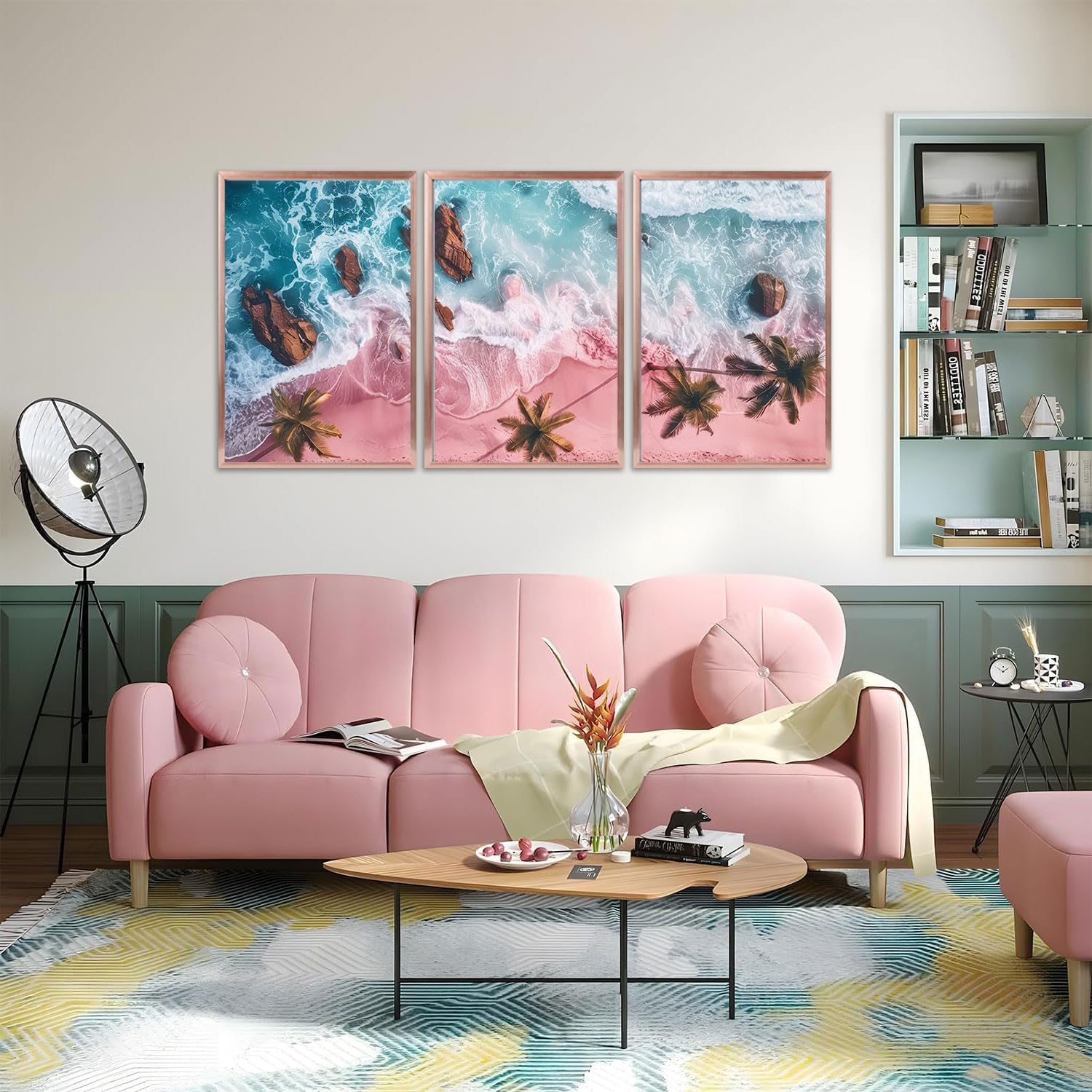 3Pcs Pink Beach Canvas Wall Art Tropical Coastal Palm Trees Wall Decor Pictures Preppy Ocean Wave Landscape Posters Prints for Living Room Bedroom Teen Girls Room Artwork Home Decoration Unframed