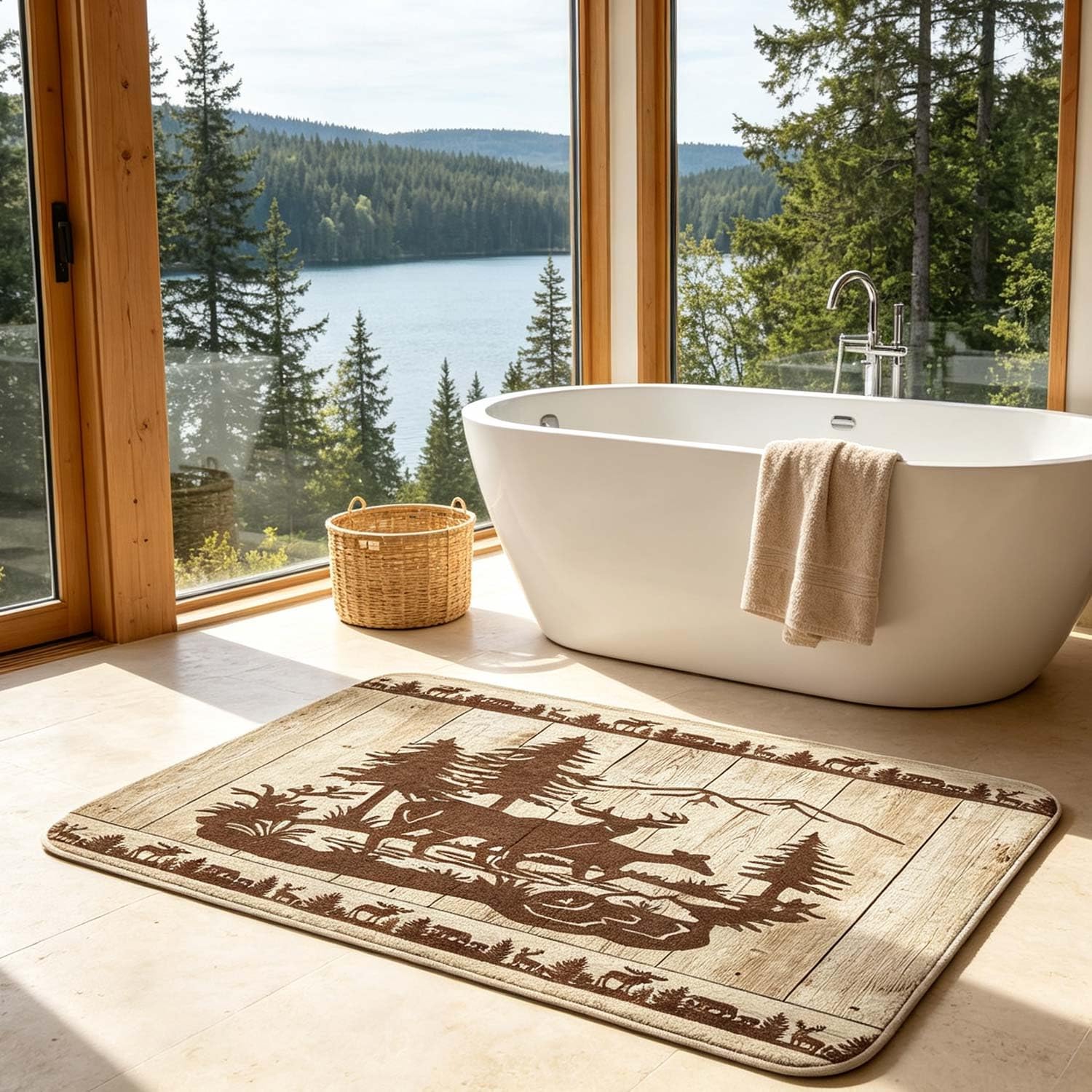 Rustic Cabin Deer Bath Mat 17x29 Inch, Vintage Wooden Plank Deer Elk Pine Tree Mountain Wildlife Silhouette Non Slip Bathroom Rug, Farmhouse Lodge Woodland Animal Floor Mat for Kitchen Bedroom