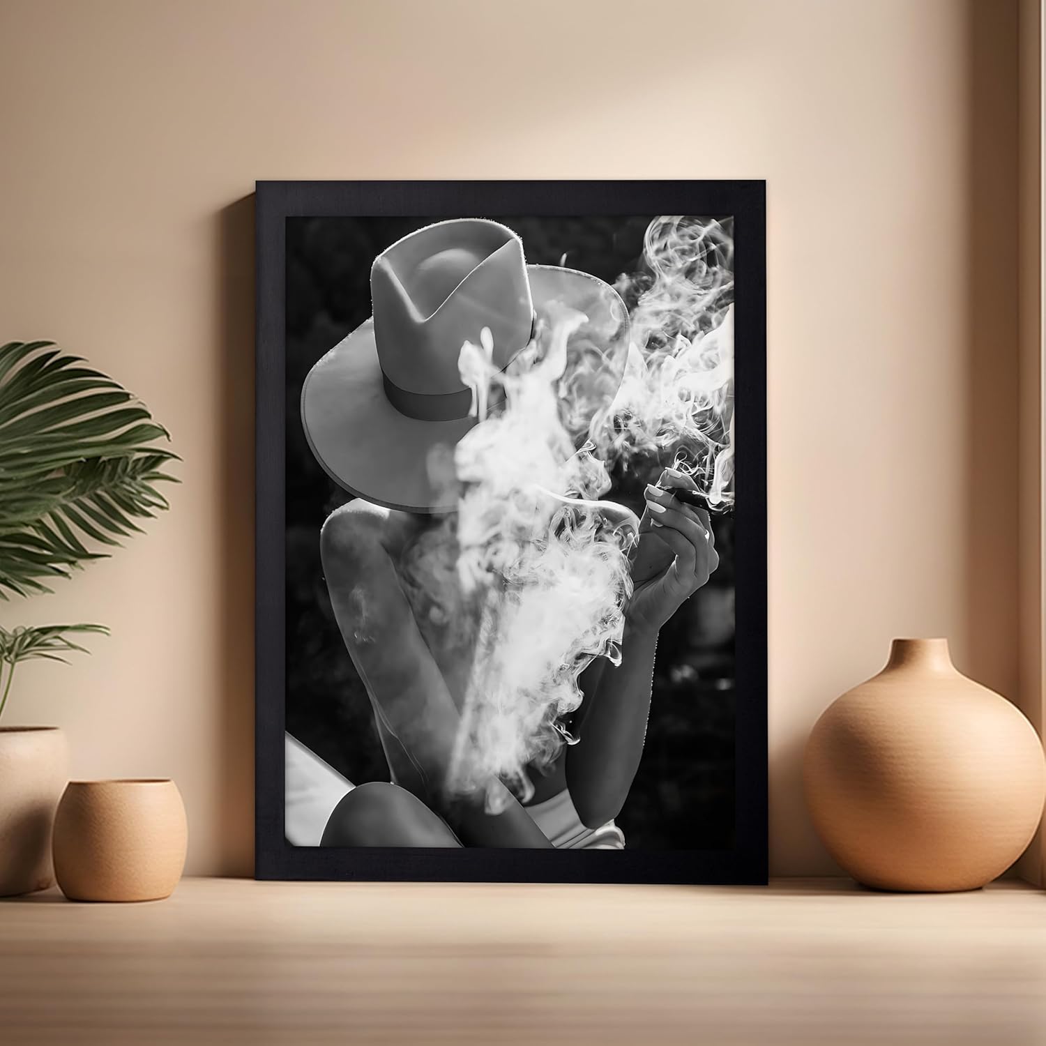 Poster Master Woman in Hat Poster - Smoking Cigarette Print - Cigar and Bar Cart Design - Black and White Photography - Bedroom or Living Room Wall Decor - 16x20 Black Framed
