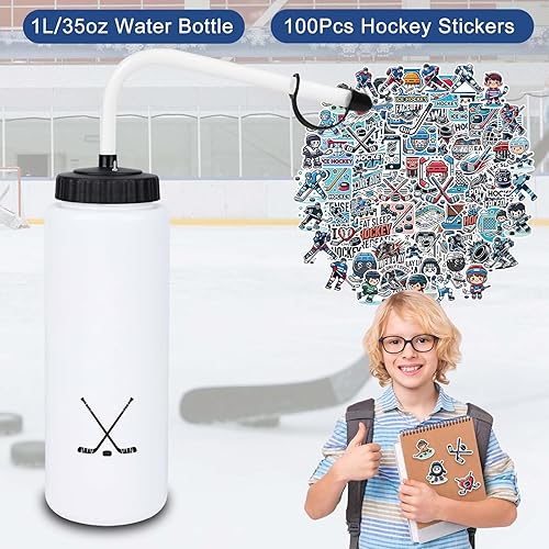 Vista 2 de Regalos de hockey, 1 paquete de botella de agua de hockey con popote largo y 100 calcomanías, accesorios para niños, hombres, amantes