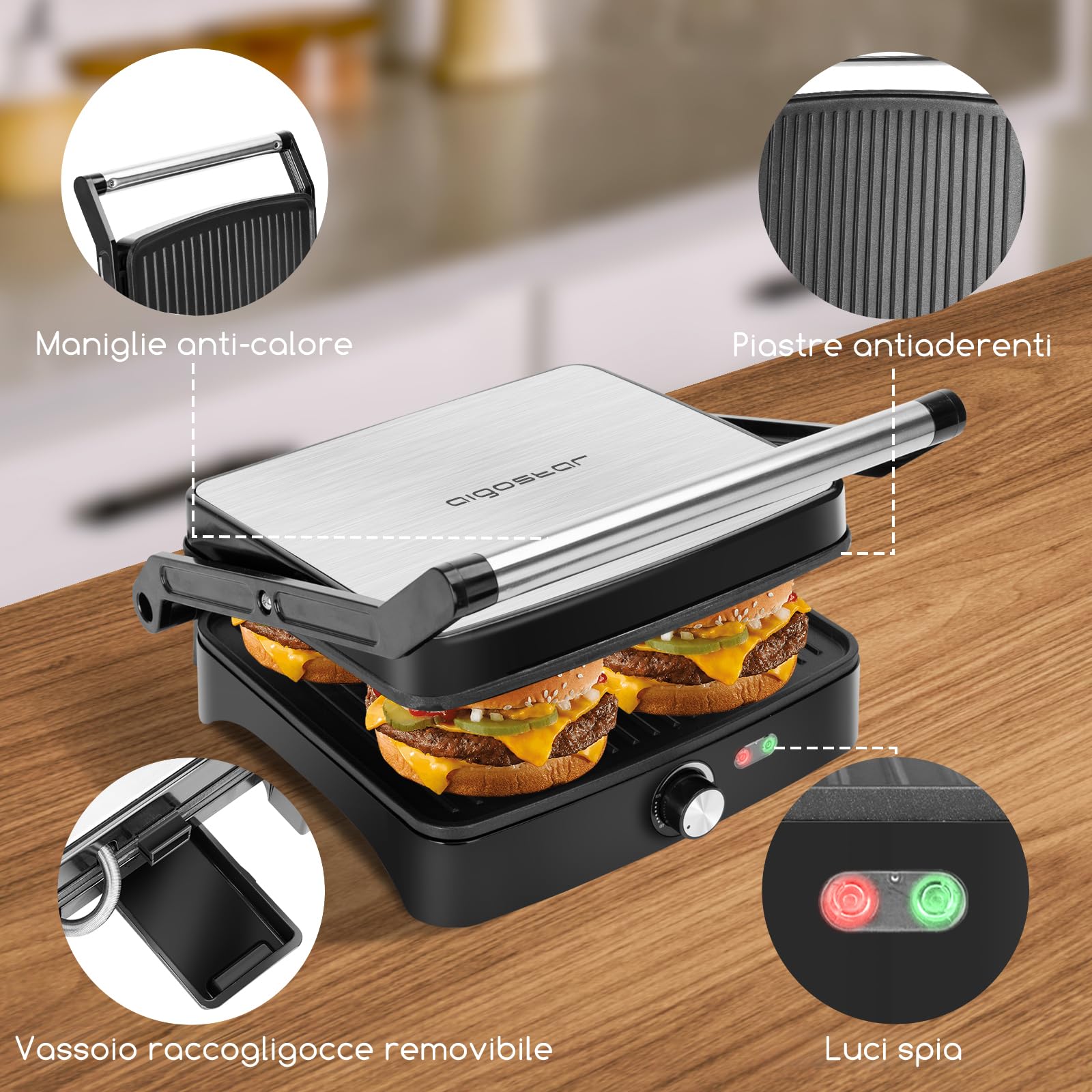 Aigostar Tostapane Piastra 3 in 1, Tostiera Elettrica con Piastre Panini Antiaderenti, 1800 W, Bistecchiera Elettrica con Regolatore di Temperatura, Apertura a 180°, Vassoio Raccogligocce, Calore