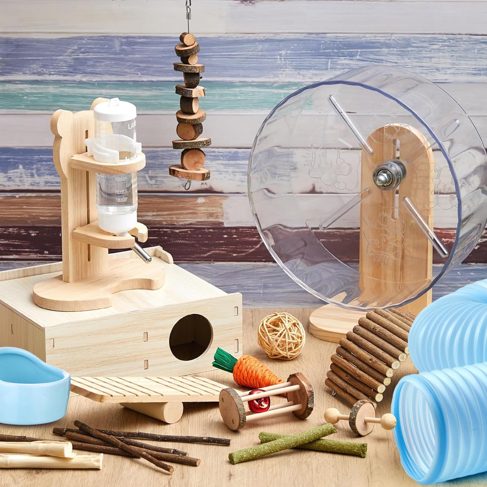 Hamsterspielzeug-Set, 20-teilig, 16 kleine Tier-Kauspielzeuge, Labyrinth-Holzhaus, geräuschlose Übung, Laufräder und Wasserflasche, Futternapf für Hamster, Lebensraum, Rattenkäfig-Zubehör