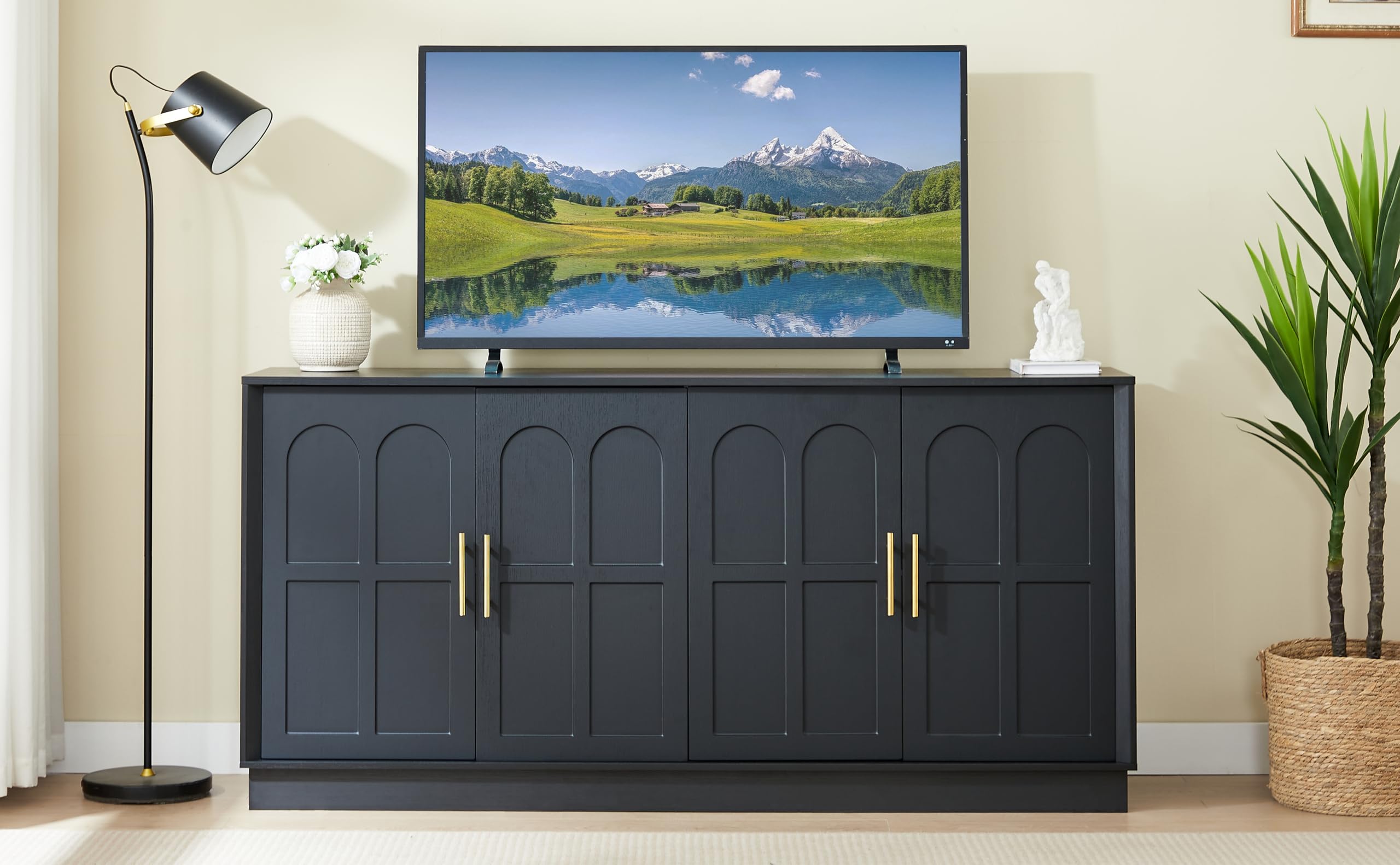 BTM Extra großes Sideboard mit Stauraum, Moderne Vitrine gewölbter Front, 169 cm Langer TV-Schrank, geeignet für Wohnzimmer/Küche/Esszimmer/Flur, schwarz,169x40x80cm