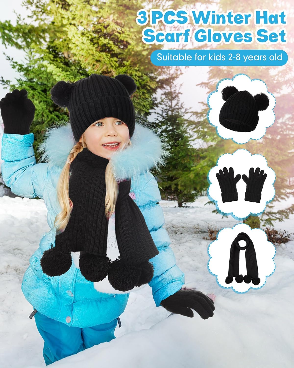 Geyoga 3 Pcs Kids Winter Hat Gloves Scarf Set for Age 2-8 Yrs Boys Girls Winter Toddler Warm Fleece Lined Hat Scarf Gloves - Image 6
