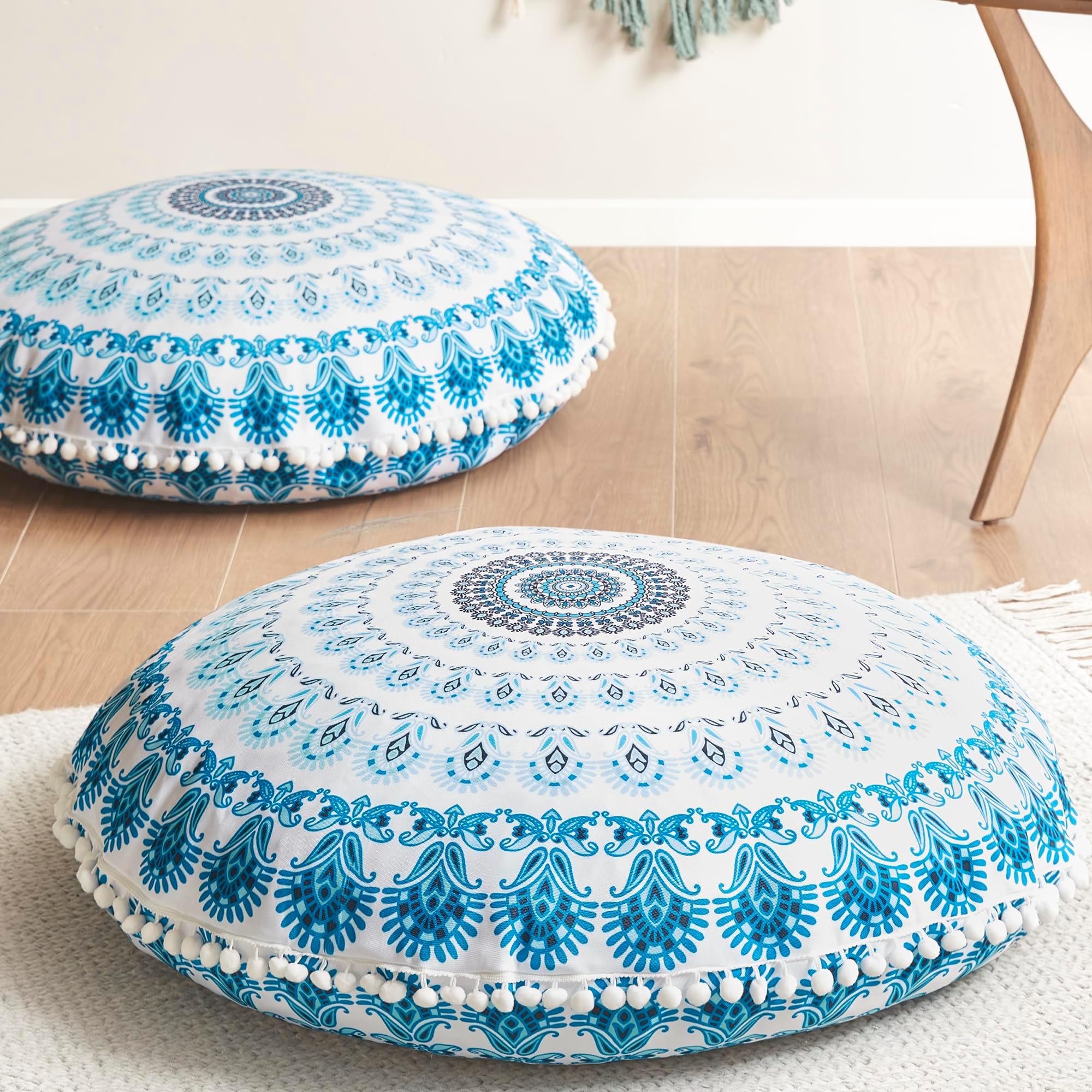Codi Meditation Floor Pillow Set of 2, Round Large Pillows Seating for Adults, Bohemian Mandala Circle Cushion for Outdoor Fireplace Yoga Living Room, 32 Inch, Memory Foam Added, Aqua