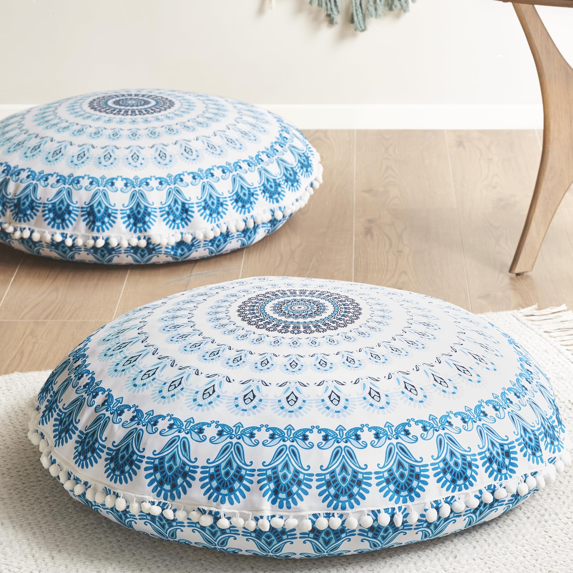 CodiMeditation Floor Pillow Set of 2, Round Large Pillows Seating for Adults, Bohemian Mandala Circle Cushion for Outdoor Fireplace Yoga Living Room, 32 Inch, Memory Foam Added, Aqua