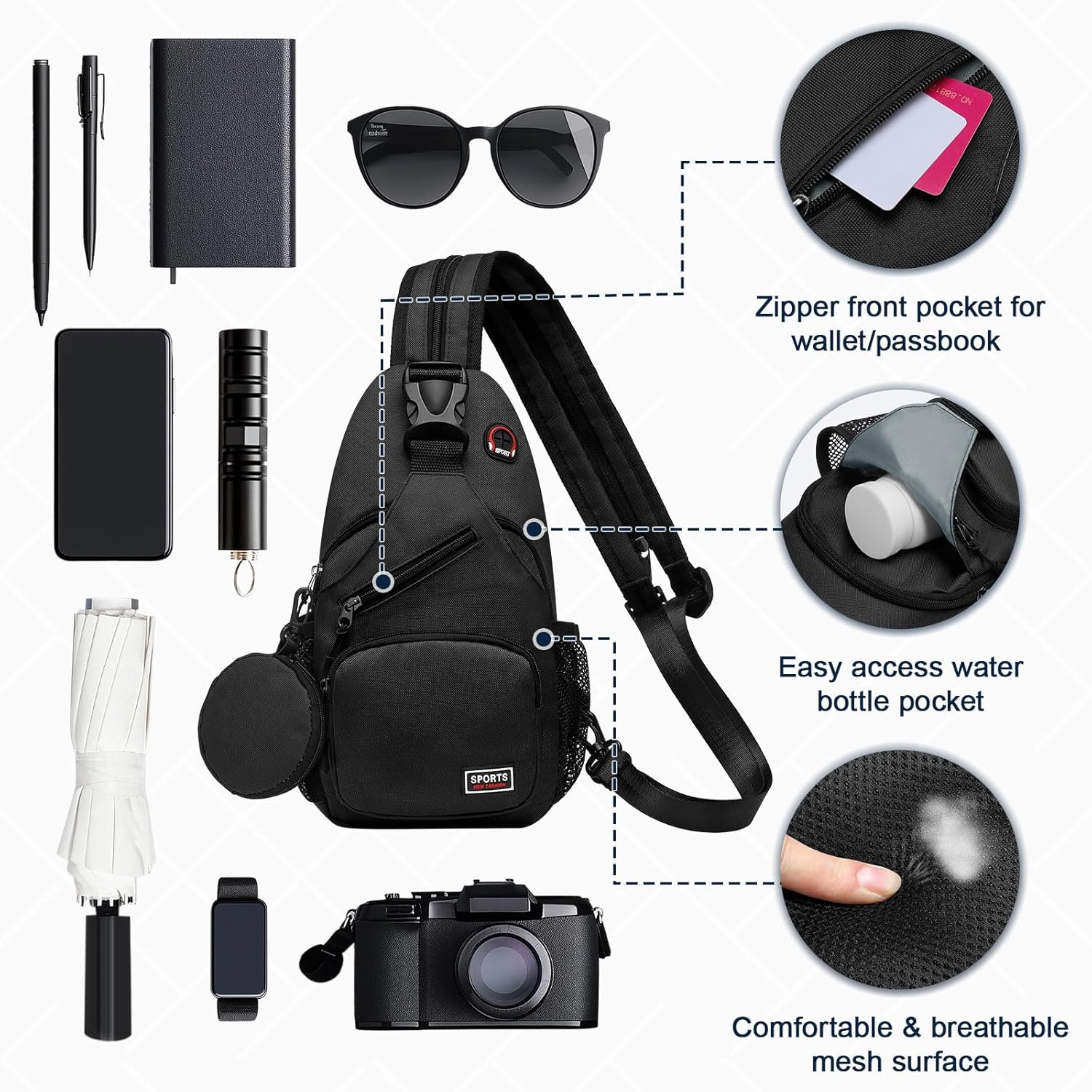 SUIKIHUM Convertible Sling Bag with Coin Pocket, 7.9" Tablet Crossbody Mini Backpack with Headphone Jack Casual Pack for Women Men Travel, Black - Image 4