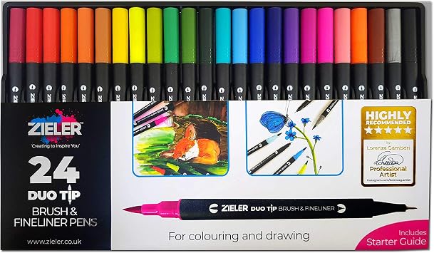 Zieler Fineliner Pens & Watercolour Brush Pens Duo Tip, Set of 24 Ideal for Colouring, Drawing & Hand Lettering - 48 nibs - Vibrant Colours - Washable, Water-Based Ink
