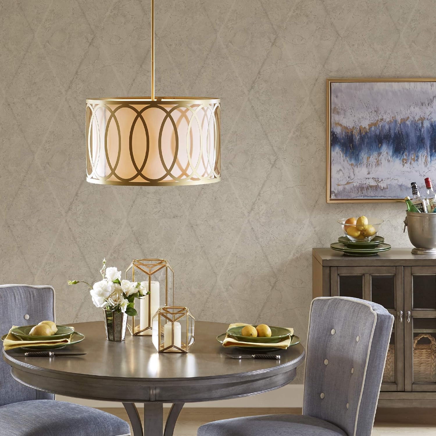 Flаѕh Sаlе Buу 1 gеt 1 Hampton Hill Masonic Modern Pendant Lighting - White Fabric Shades Gold Accent Single Light Chandelier Ceiling Dining Lighting Fixtures Hanging, Gold 1 PC Semi-Flush Mount Lighting Set