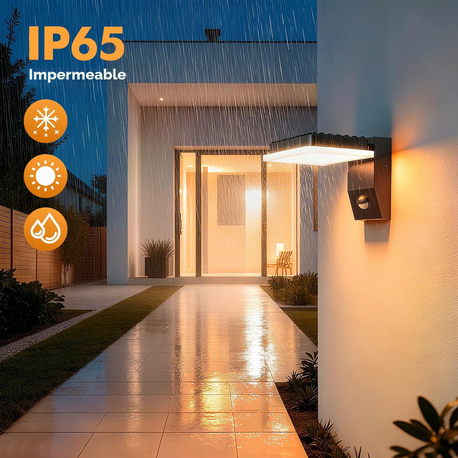 Aplique de pared exterior de 32 W con sensor de movimiento y mando a distancia, carcasa de aluminio con panel LED, impermeable IP65, blanco cálido 3000 K, ideal para uso en interiores y exteriores