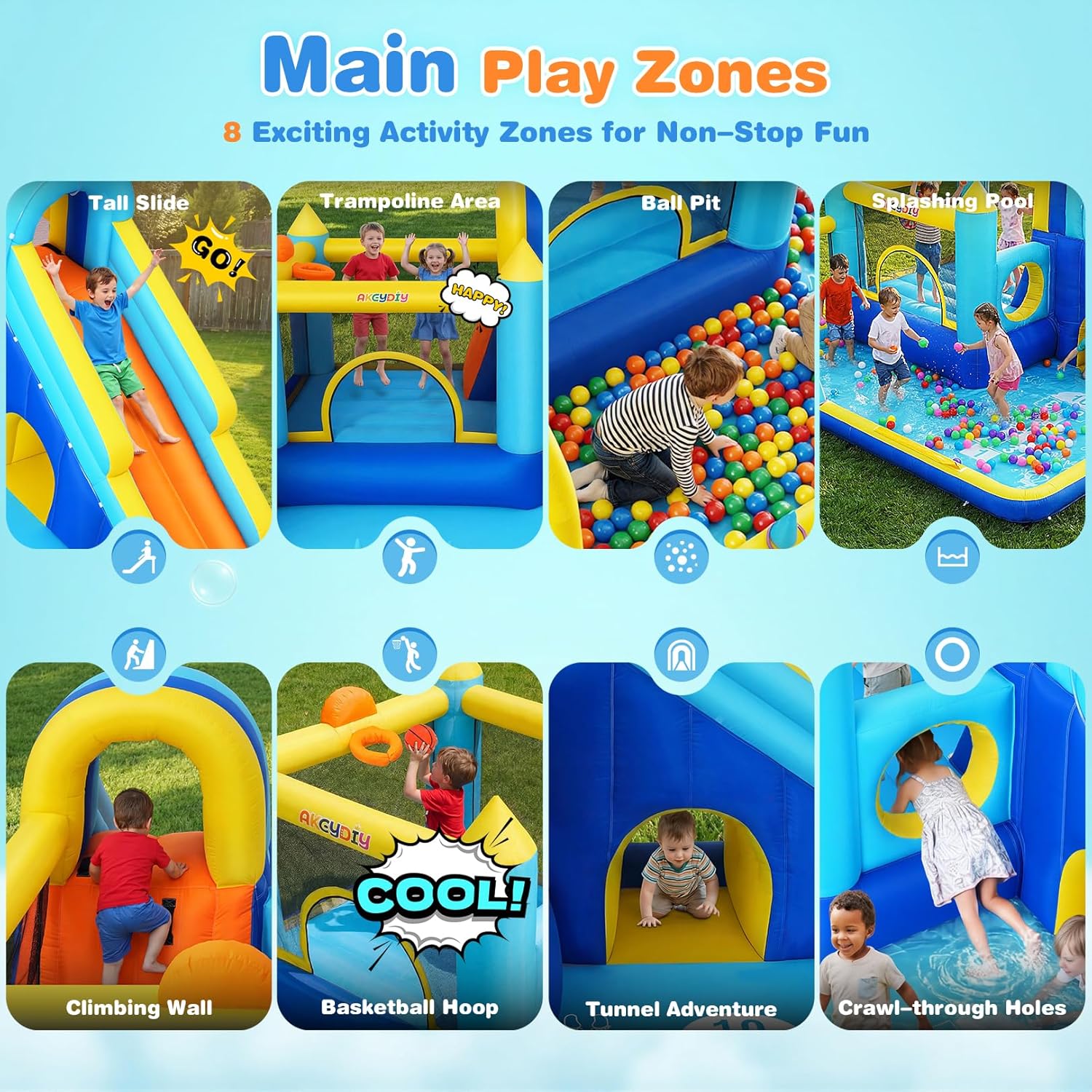 AKEYDIY Bounce House, 15-in-1 Inflatable Water Slides Bounce Castle w/Blower for Kids 3-12, Blow Up Jumping Bouncer w/Slide, Splash Pool, Climbing Wall, Ball Pit Pool for Indoor Outdoor (15-in-1)