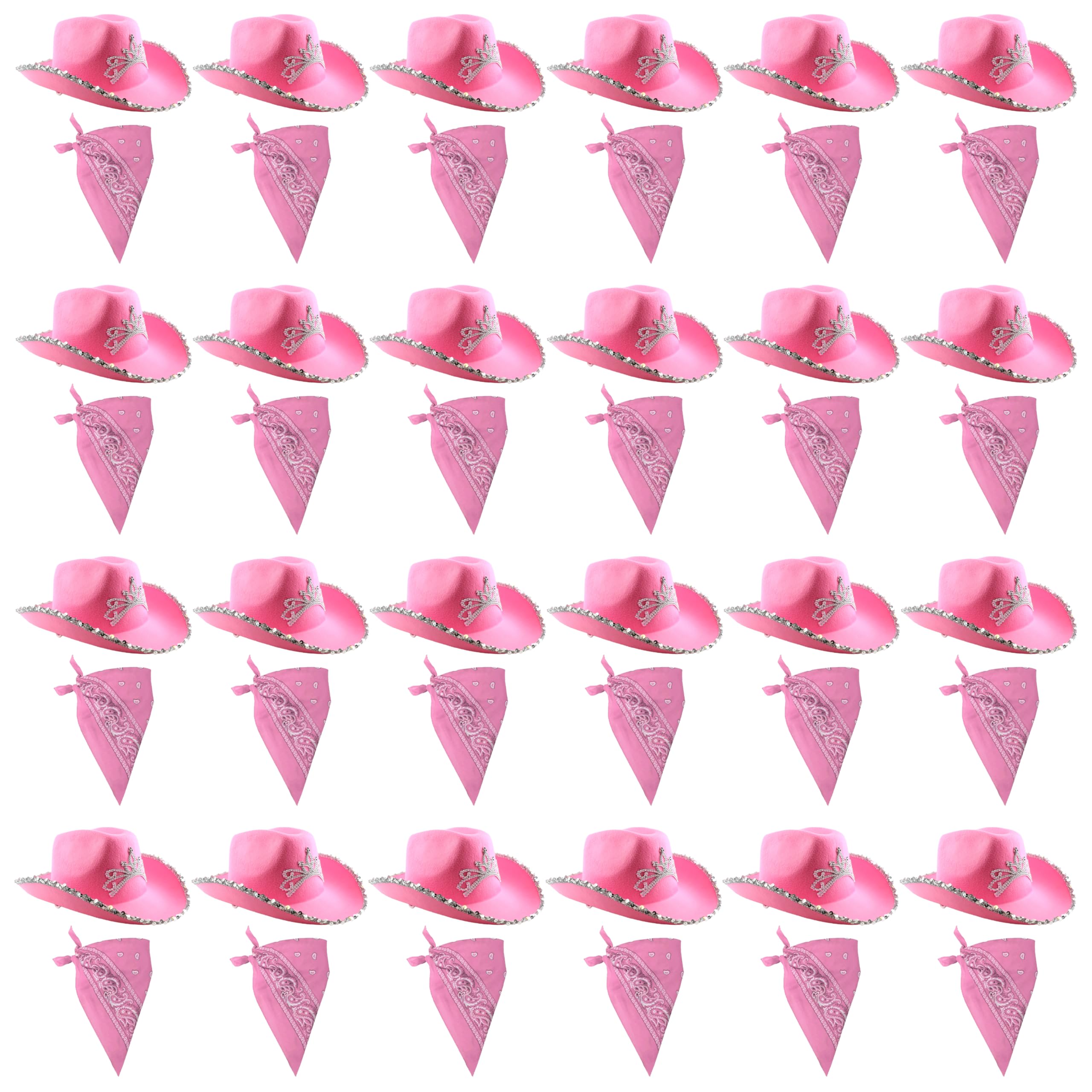 Adults Pink Cowboy Accessory Set - Pack of 24 - Pink Cowboy Hat with Attached Tiara + Matching Paisley Bandana - Ladies Hen Night Cowgirl Western Fancy Dress Costume Accessory Set