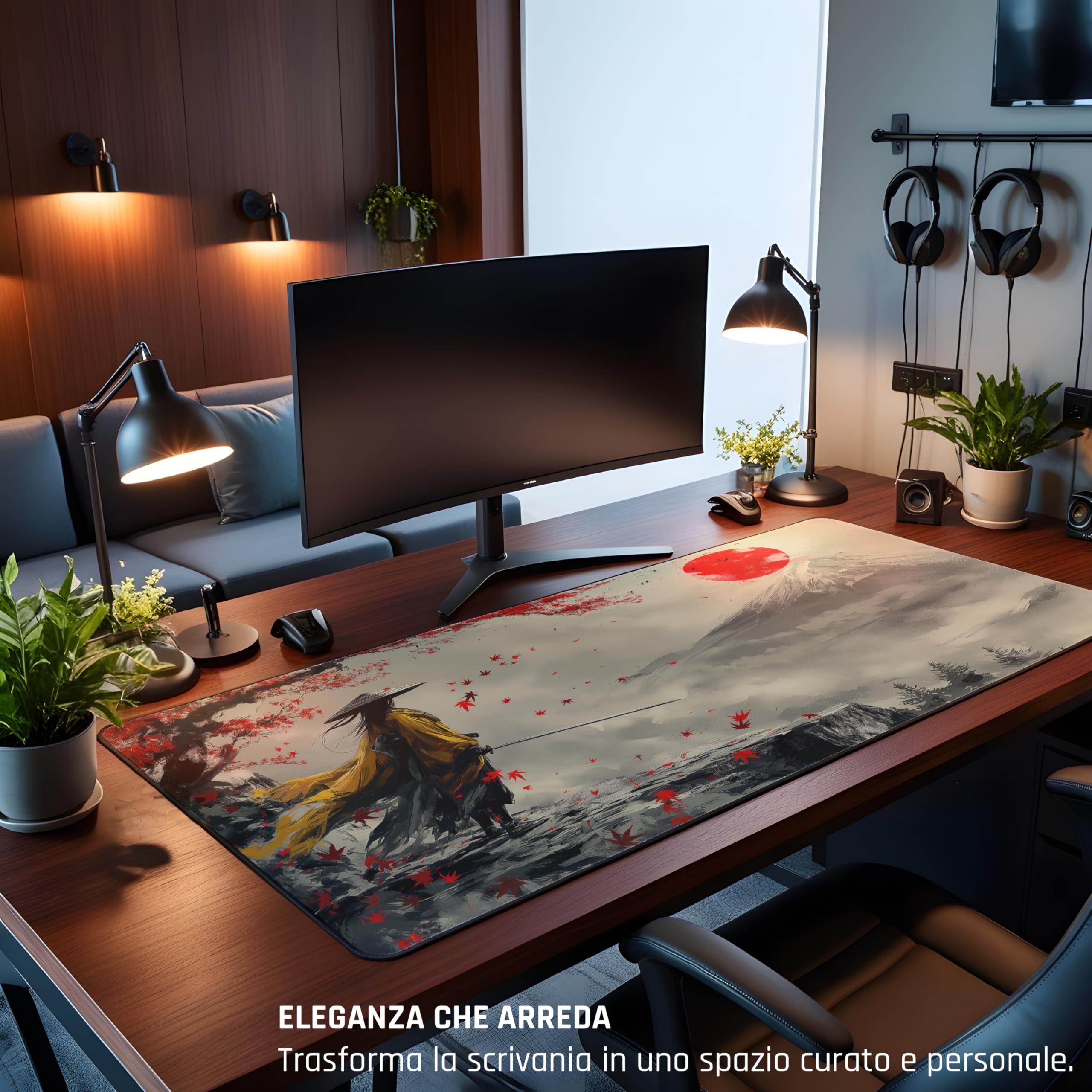 Tappetino Mouse XL 80×30 cm (3mm) – Samurai Giapponese Fuji & Sole Rosso – Desk Mat Gaming Antiscivolo, Bordi Cuciti, Tappetino Scrivania Grande per PC e Laptop