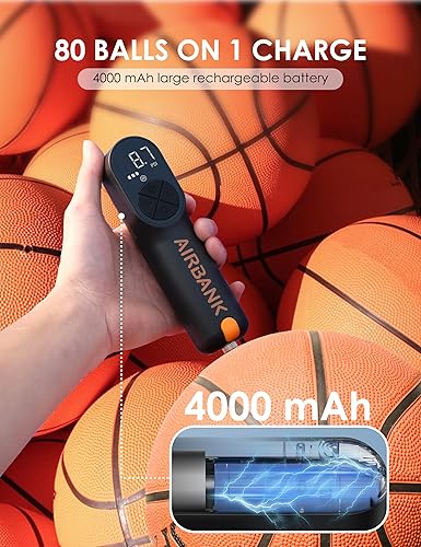 Miniatura 4 de AIRBANK Bomba eléctrica de bola MAKO, bomba de baloncesto de 4000 mAh, bomba de aire inteligente rápida de 20 PSI, inflado y desinflado con