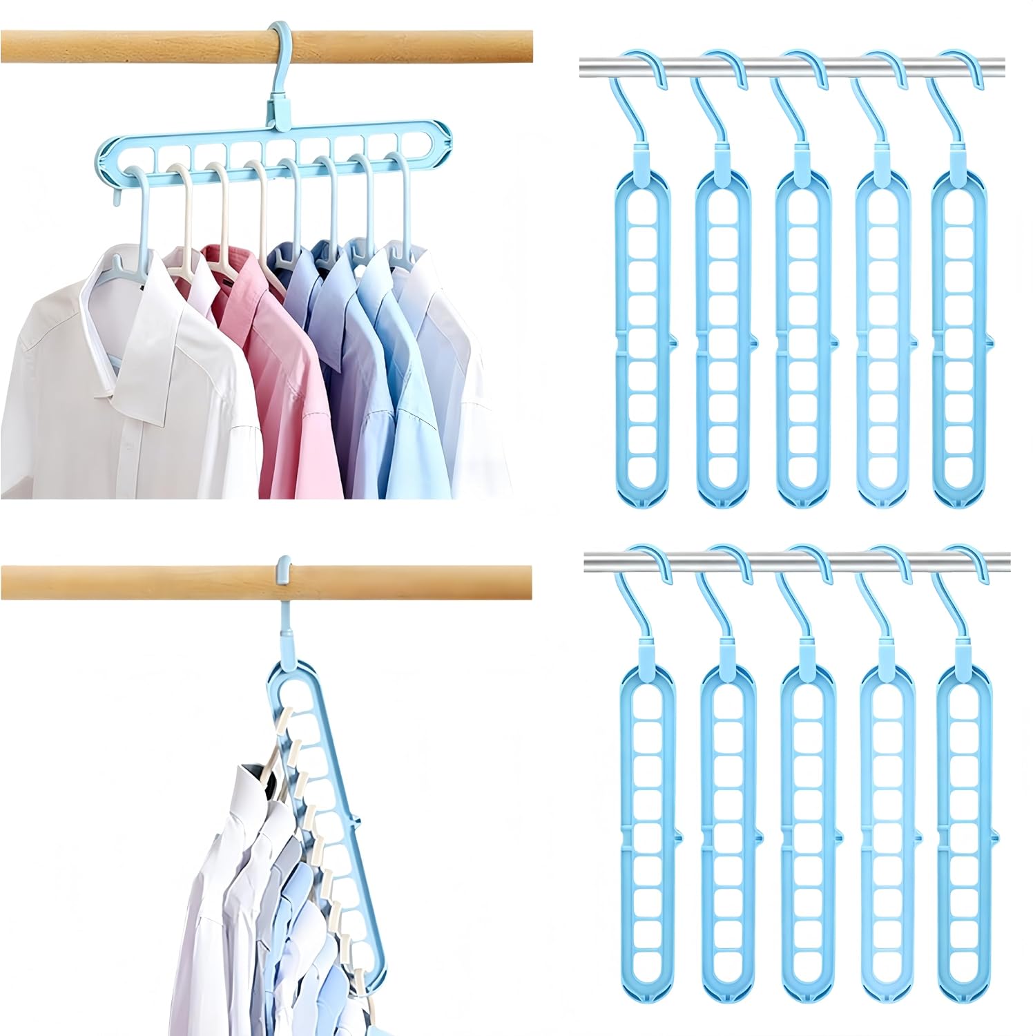 9 Space-Saving Hangers Heavy-Duty PP Plastic Tiered Hanger Organizer with Non-Slip Foldable Design, for Closet (Blue, 10)