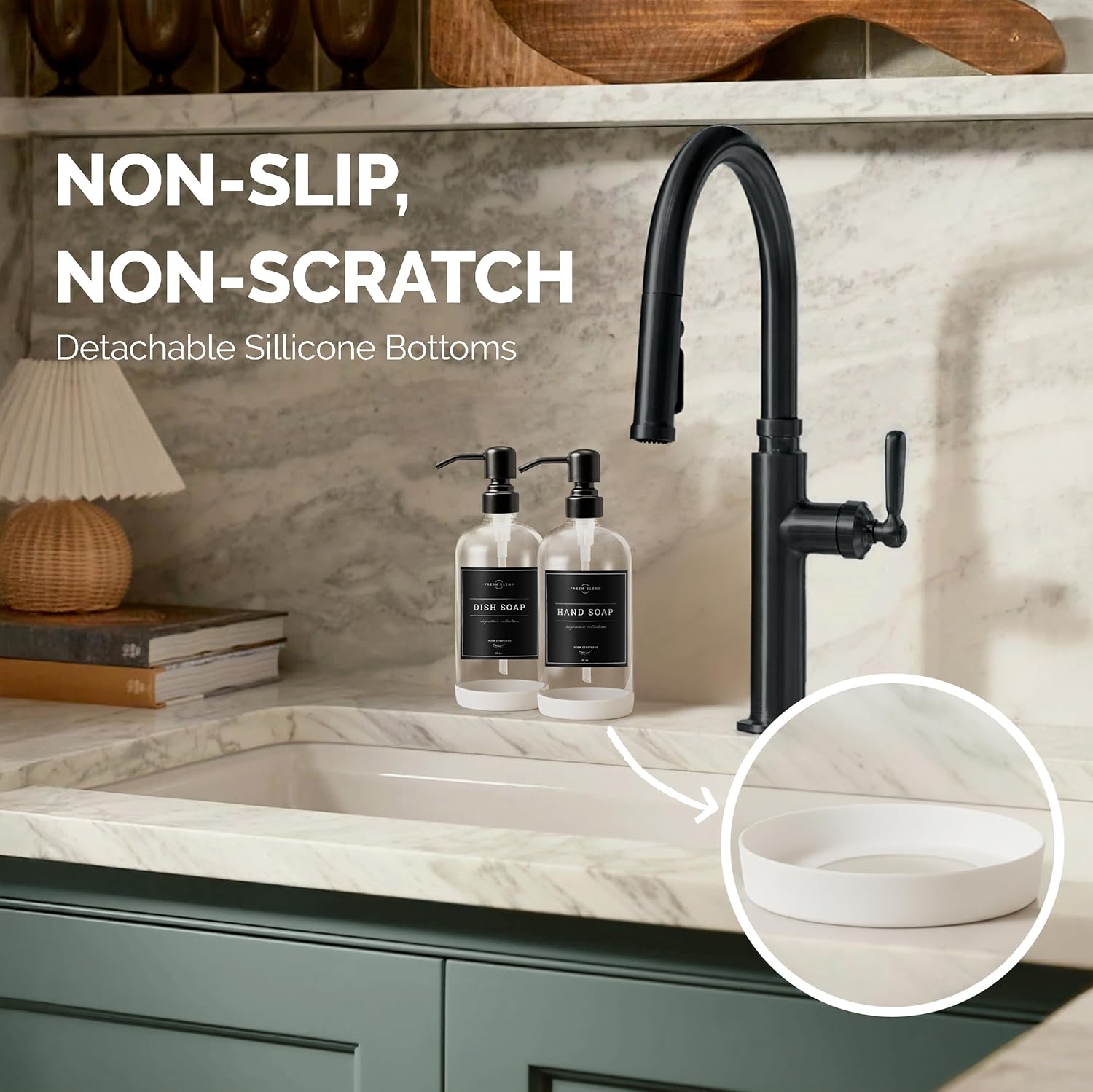 Vine Creations Clear Glass Soap Dispenser, 2 Pack Kitchen Soap Dispenser Set with Stainless Steel Pump, 16 oz Dish Soap and Hand Soap Dispensers for Bathroom with Waterproof Labels - Image 3