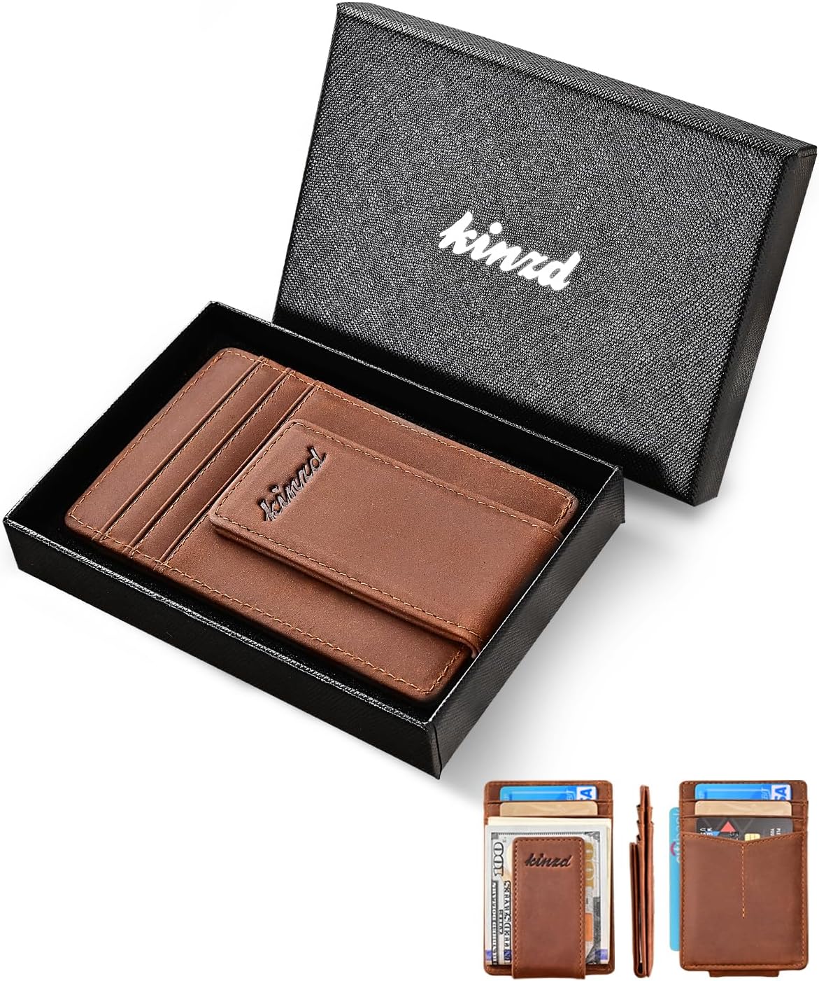 kinzd Money Clip Crazy Horse Leather Slim Minimalist Wallet for Men RFID Blocking Strong Magnet Money Clips Front Pocket Wallet