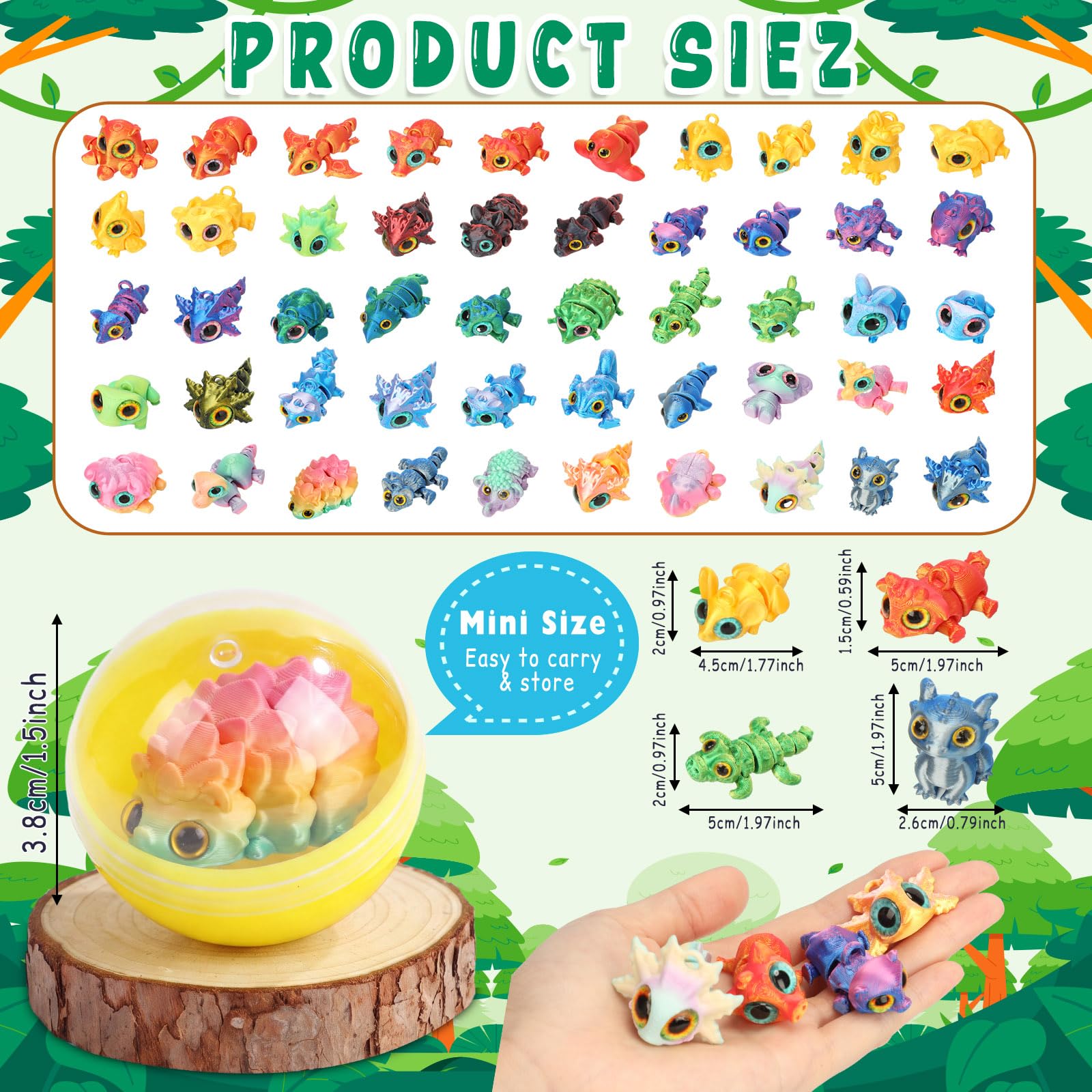 Set di 50 mini animali stampati in 3D con 50 capsule, mini figure di animali, per alleviare l'ansia, per distributori automatici di gomme da masticare, premi in classe, regali di Carnevale