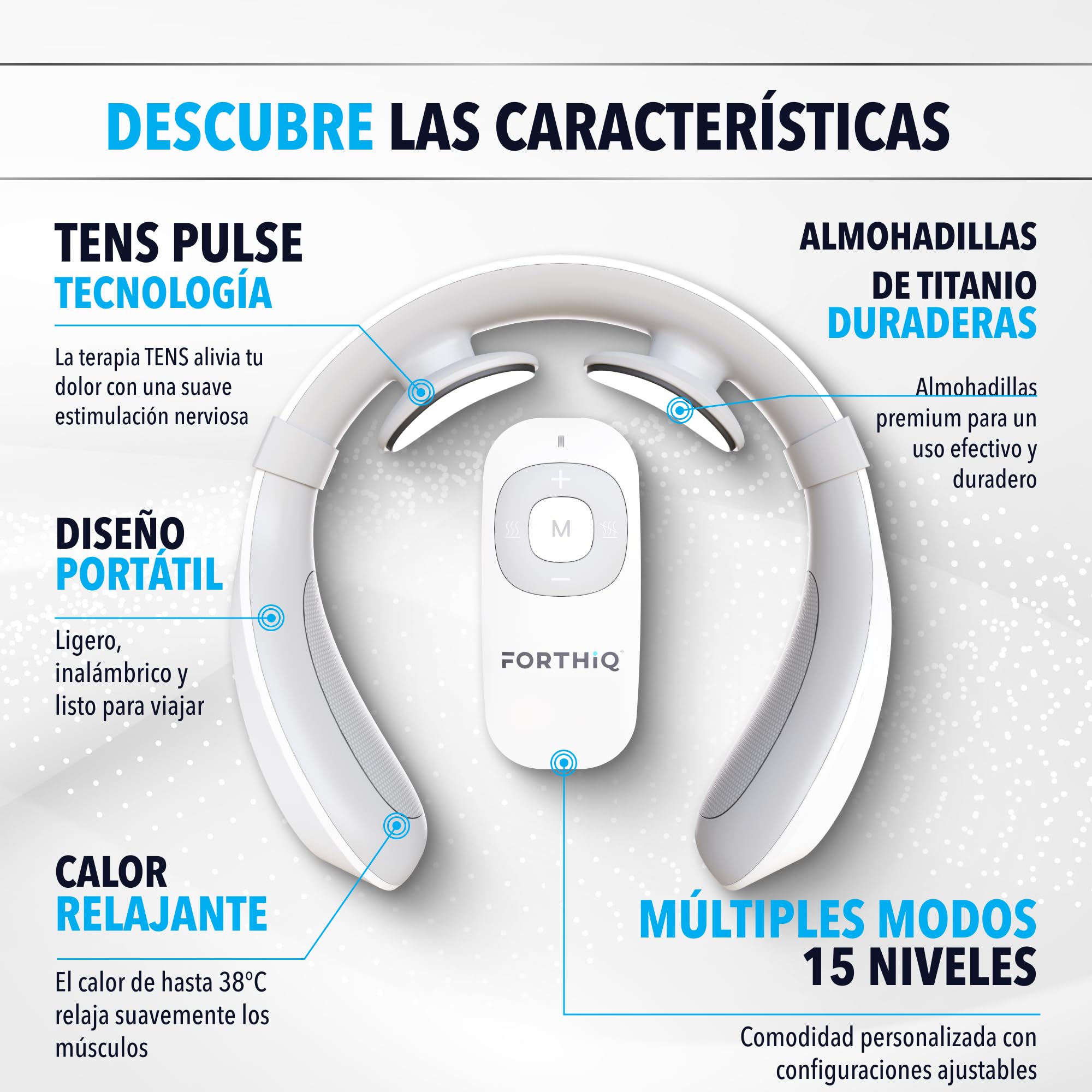 FORTHiQ Máquina TENS para el Cuello con Calor, Masajeador Eléctrico para Aliviar el Dolor, 15 Niveles de Intensidad, Masaje de Tejido Profundo, Portátil y Relajante