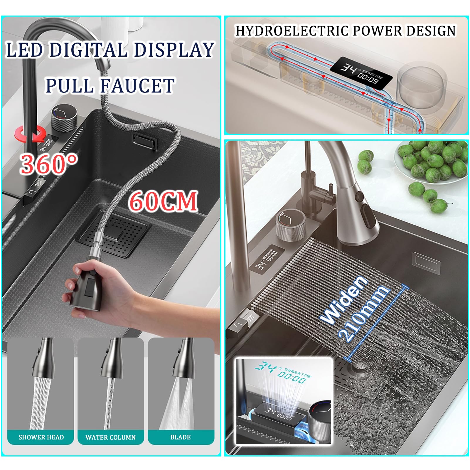 Acero inoxidable Negro y Gris con grifo, Cascada extensible, Gran capacidad, 1 tazón, pantalla LED de Temperatura (68 x 46 cm)