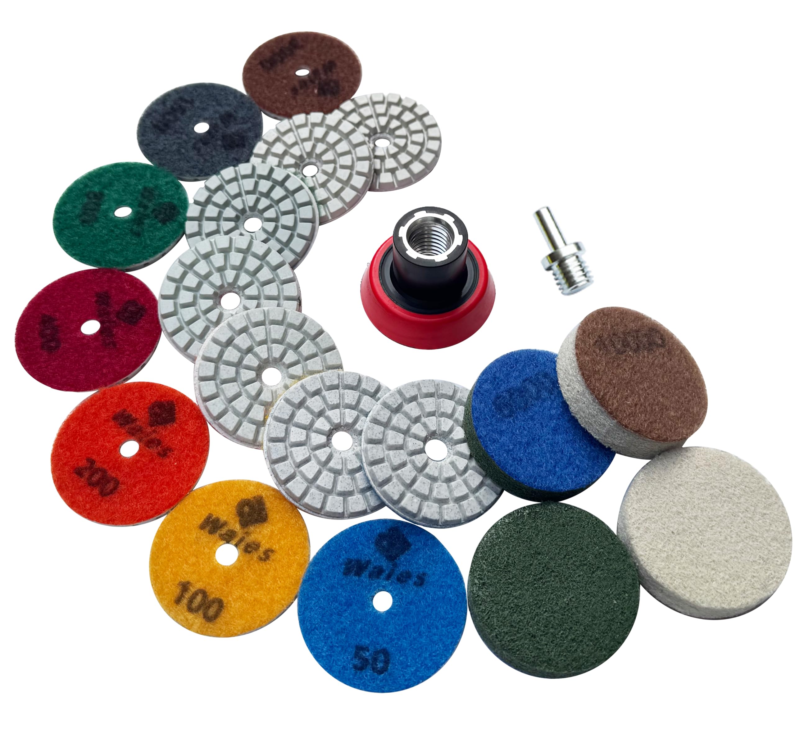 Waies Diamant Polierscheiben Set 11-tlg. - Nass/Trocken Schleifpads 50# bis 10000# für Marmor, Granit, Beton, Fliesen - inkl. M14 Stützteller & Adapter für Winkelschleifer und Akkuschrauber (50 mm)