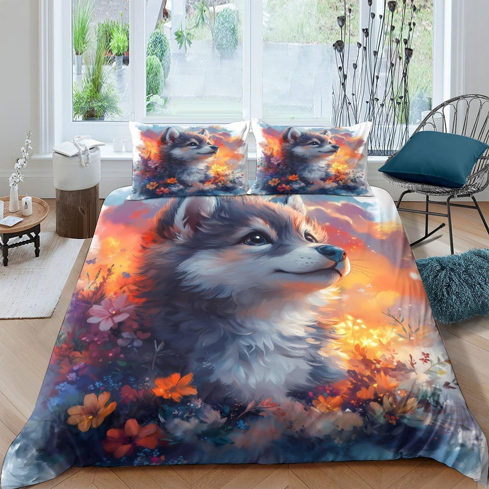 Ctjqhvkz Style-4 3D Printed Husky Sunset Fitted Sheet Microfiber Soft Mattress Cover Bedroom Decor Anti-Slip Machine Washable Single（135X200cm）