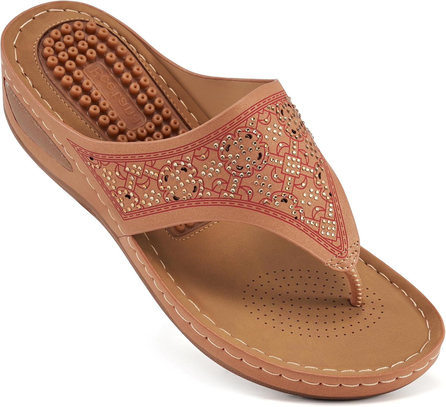 Ecetana Womens Dressy Wedge Sandals: Comfortable Summer Flip Flops Massaging Footbed Platform Thong Sandals for Casual Walking
