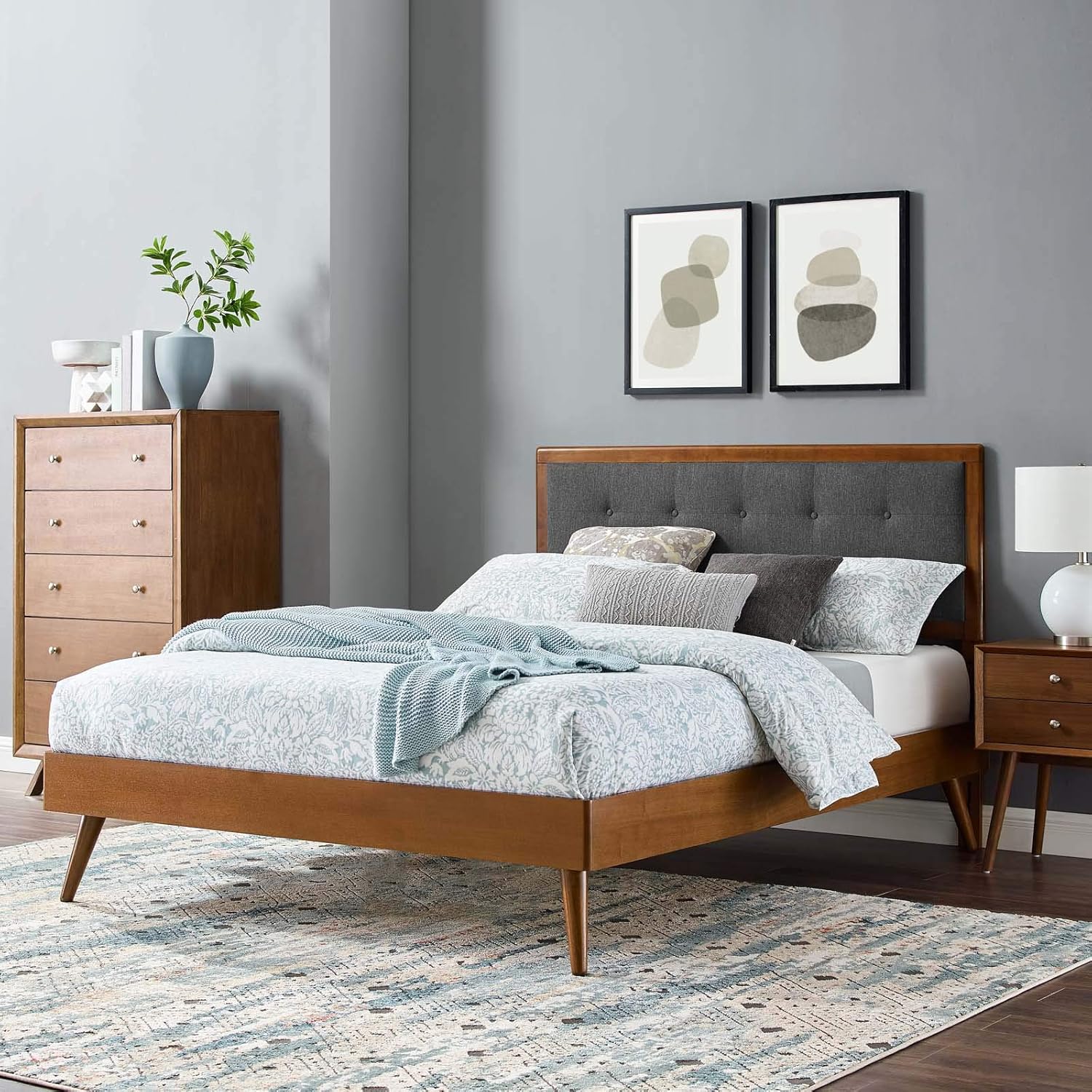 Modway MOD-6385-WAL-CHA Willow Queen Wood Platform Bed with Splayed Legs, Walnut Charcoal