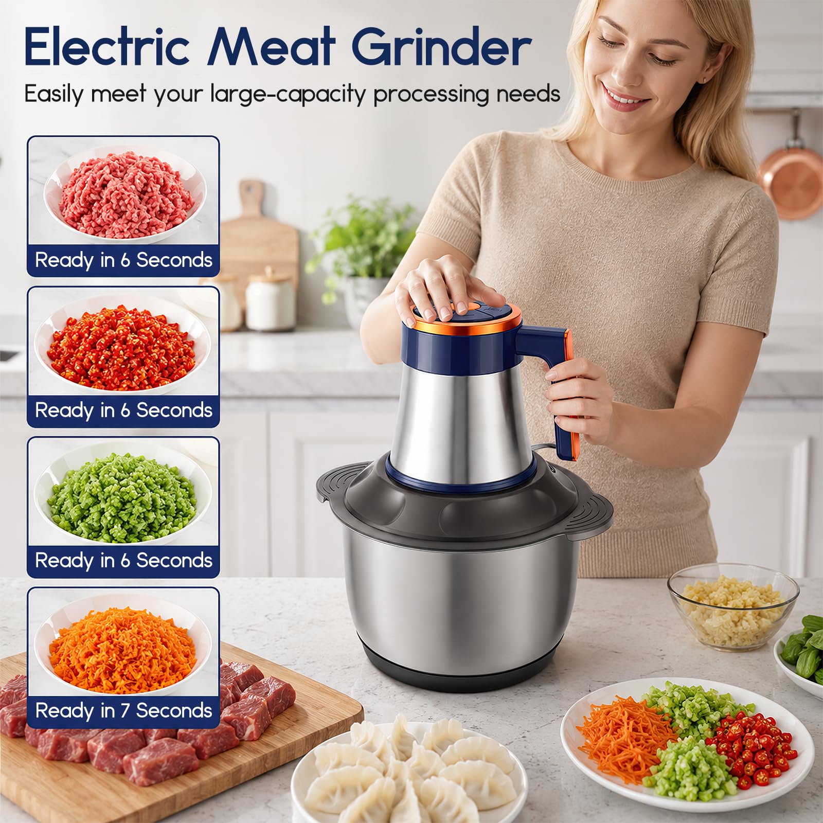 Tritatutto elettrico da cucina, 500 W, 5 l, in acciaio inox, tritacarne elettrico con 7 velocità e 6 lame, tritacarne per carne, cipolle, verdure, tritacarne universale 5 in 1