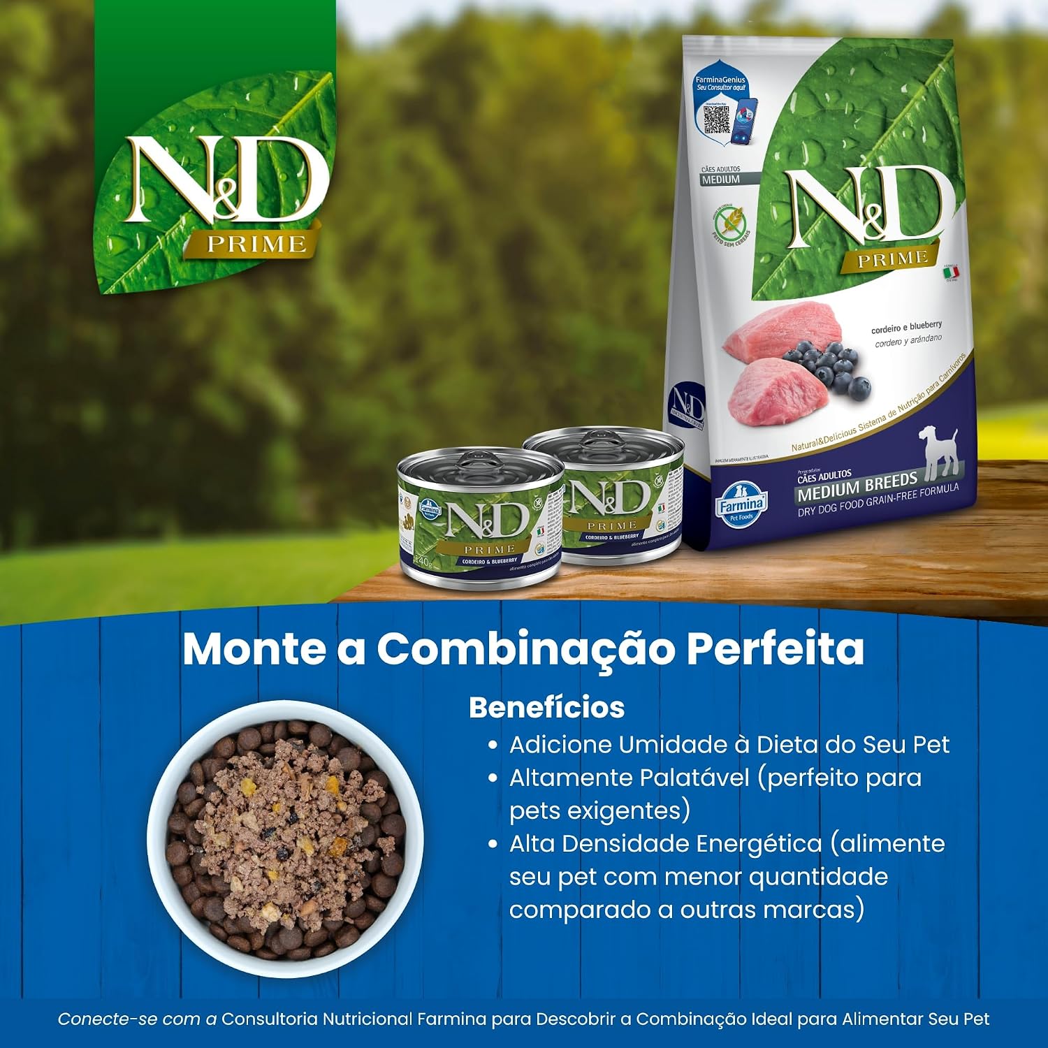 N&D Prime Ração Farmina Cordeiro e Blueberry Cães Adultos Raças Médias - 10,1kg