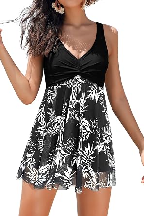 SHEKINI Womens V Neck One Piece Swimsuit Net Yarn Modest Tummy Control Skirtini Swimdress Bathing Suits