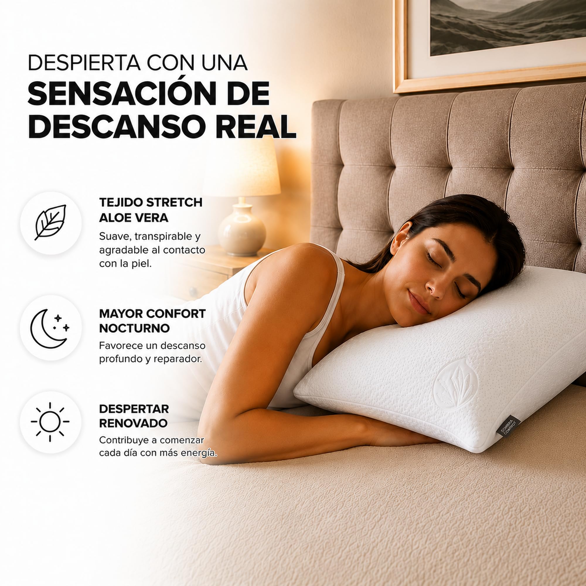 Almohada Viscoelástica 150 cm | Aloe Vera, Firmeza Media | Soporte cervical ergonómico · Antiácaros, antibacteriana e hipoalergénica · Funda lavable a máquina · Hecha en España