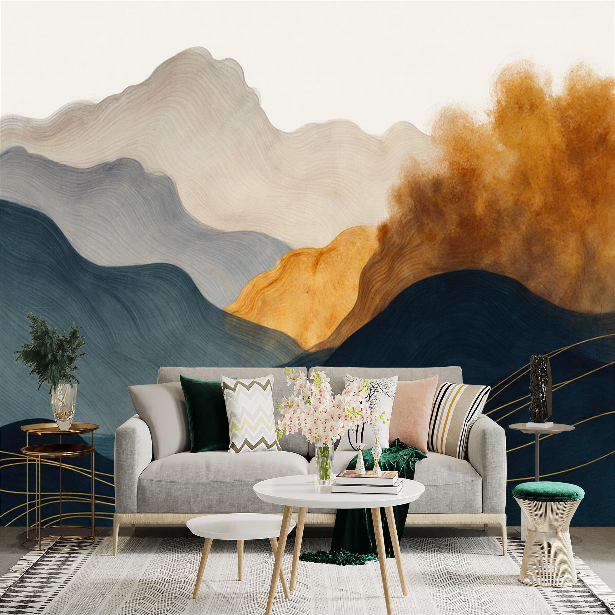 Custom Size Wall Sticker Mural， Abstract Mountain Landscape with Golden Lines and Misty Hills， for wall Decoration， peelandstick wall Decals.