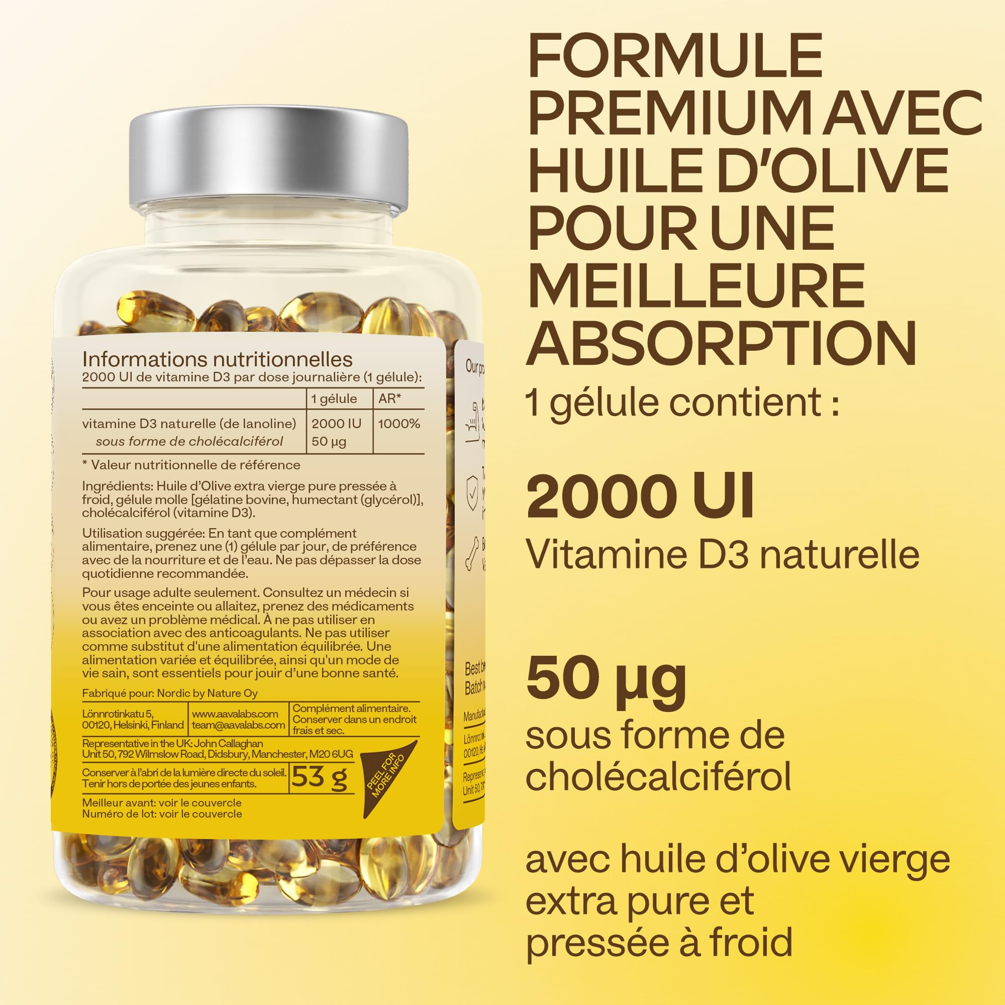 Vitamine D3 2000 UI - Vitamine D avec Huile d’Olive Extra Vierge pour Absorption Optimale - Vitamines sans OGM, sans Gluten et Lactose pour les Fonctions Osseuse, Musculaire, Immunitaire - 365 Gélules