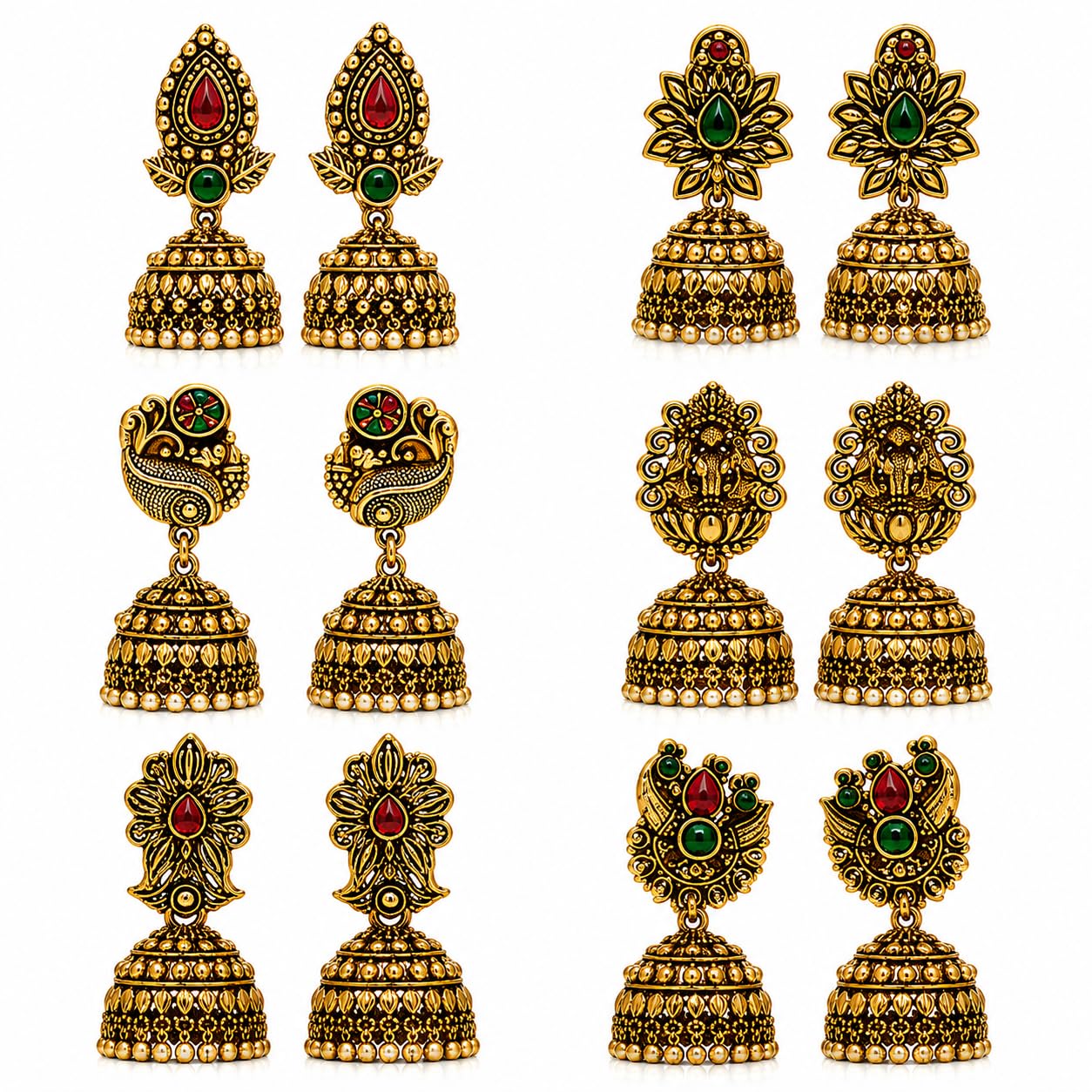 Traditional Gold-Tone Jhumka Earrings Combo for Women & Girls | Set of 6 Pairs Ethnic Temple Style Drop Earrings with Red & Green Stone Look-picture-41