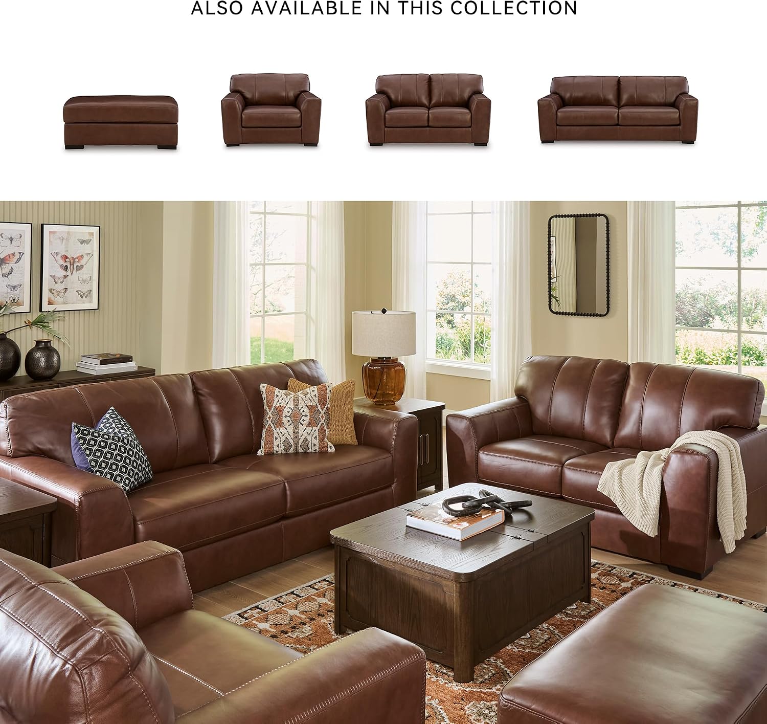 Signature Design by Ashley Creazzo Oversized Brown Leather Accent Chair | Fully assembled 54 in wide armchair in Canyon brown, 250 lbs capacity top-grain leather seating, Durable matched sides