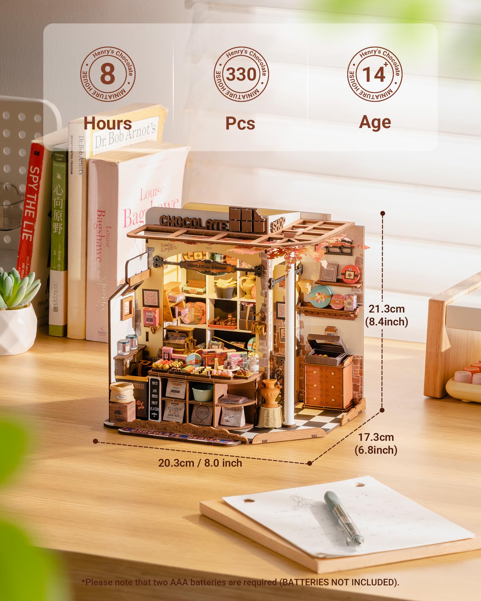 ROBOTIME DIY Miniature House Kit Henry's Chocolate, Wooden Dollhouse Model Building Kit With LED and Furniture - Image 2