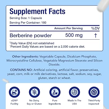 Easy Absorption Berberine Supplement 500mg | Herbal GLP-1 Nutritional Support Supplement with Berberine 500mg | Help Support Healthy Lifestyle | Made in The USA in cGMP Facilities (180 Day Supply)