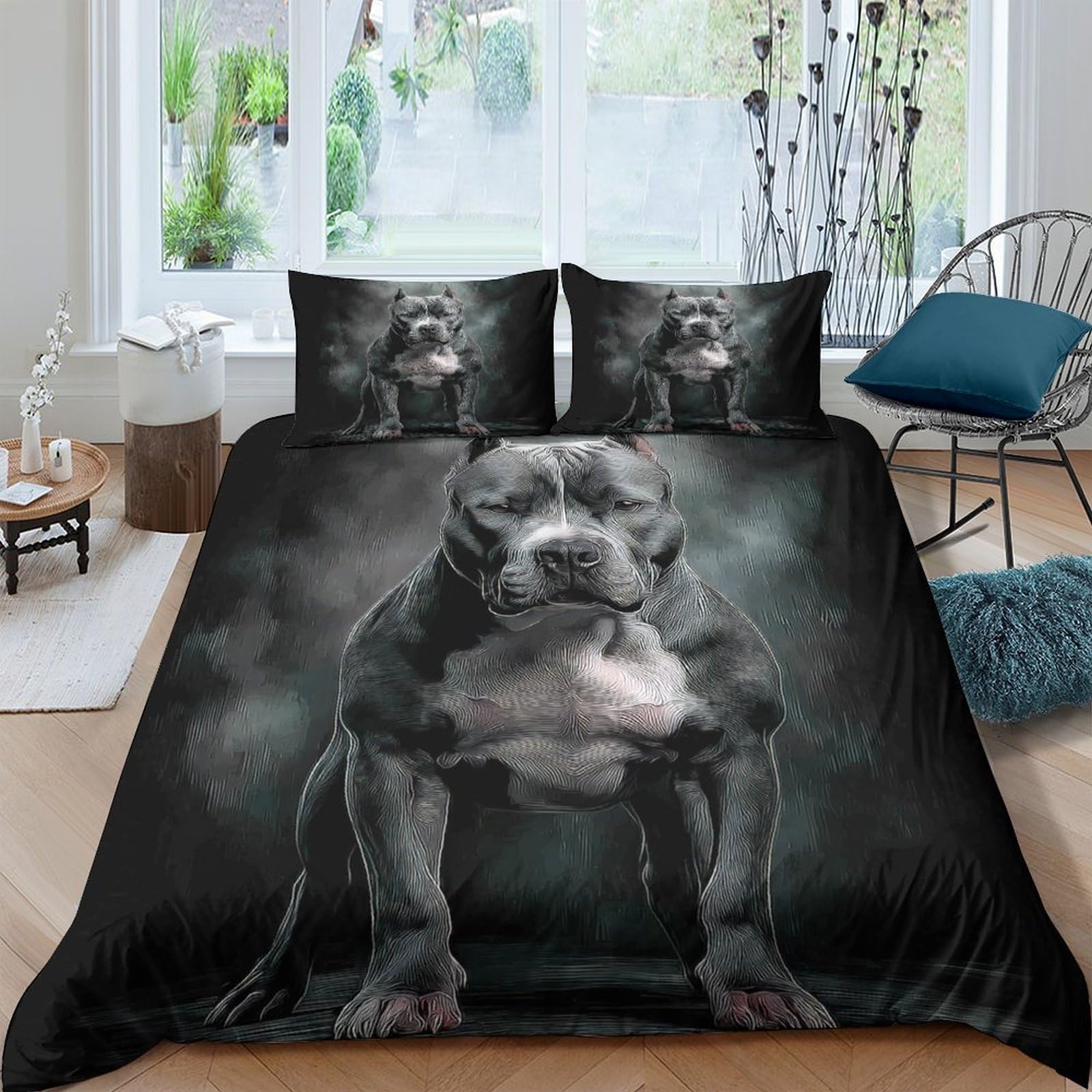 GPLZQXKJNH 3D Printed Bulldog Duvet Cover Set Microfiber Soft Black Dog Quilt Cover with 2 Pillowcases for Bedroom Living Room Single（135x200cm）