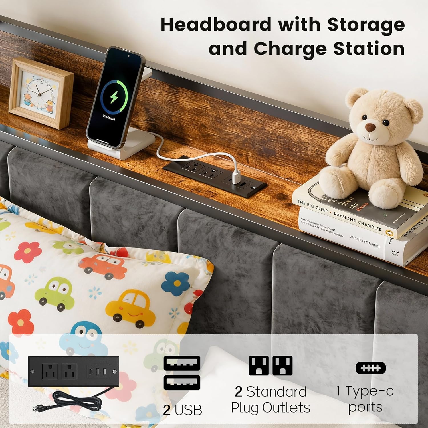 PROTEA Twin Size Bed Frame with LED Lights and Charging Station, Upholstered Headboard with Storage, Sturdy Platform with Metal Slats, Noise Free No Box Spring Needed