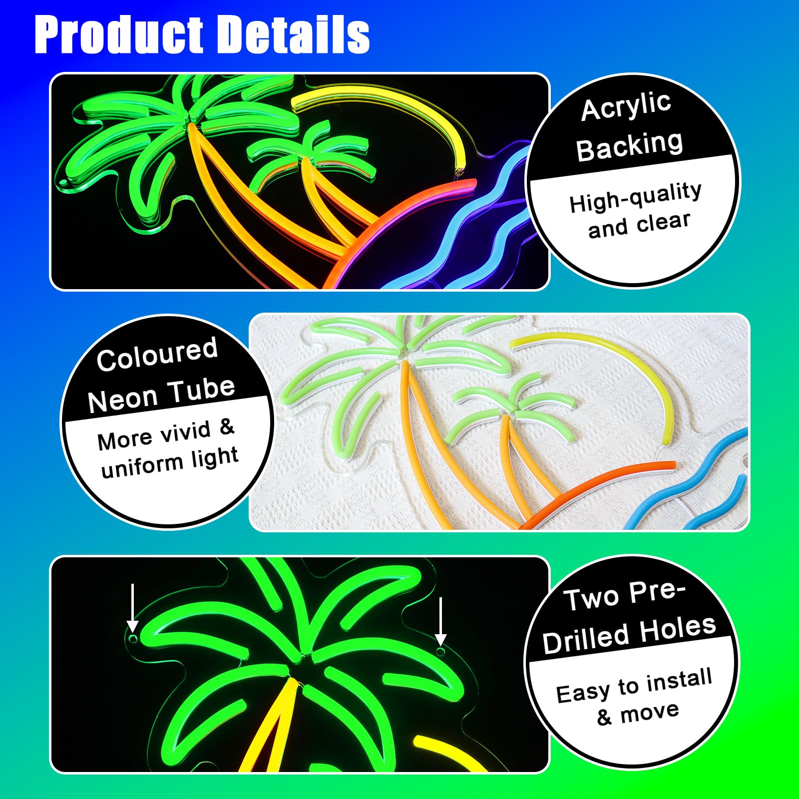 Panneau Tropical Palme Néon Cocotier Néon LED Panneau Mural Plage Surf Néon USB Panneau LED pour Bar à Bière Chambre à Coucher Café Club Professionnel Maison Pub Fête Décorations
