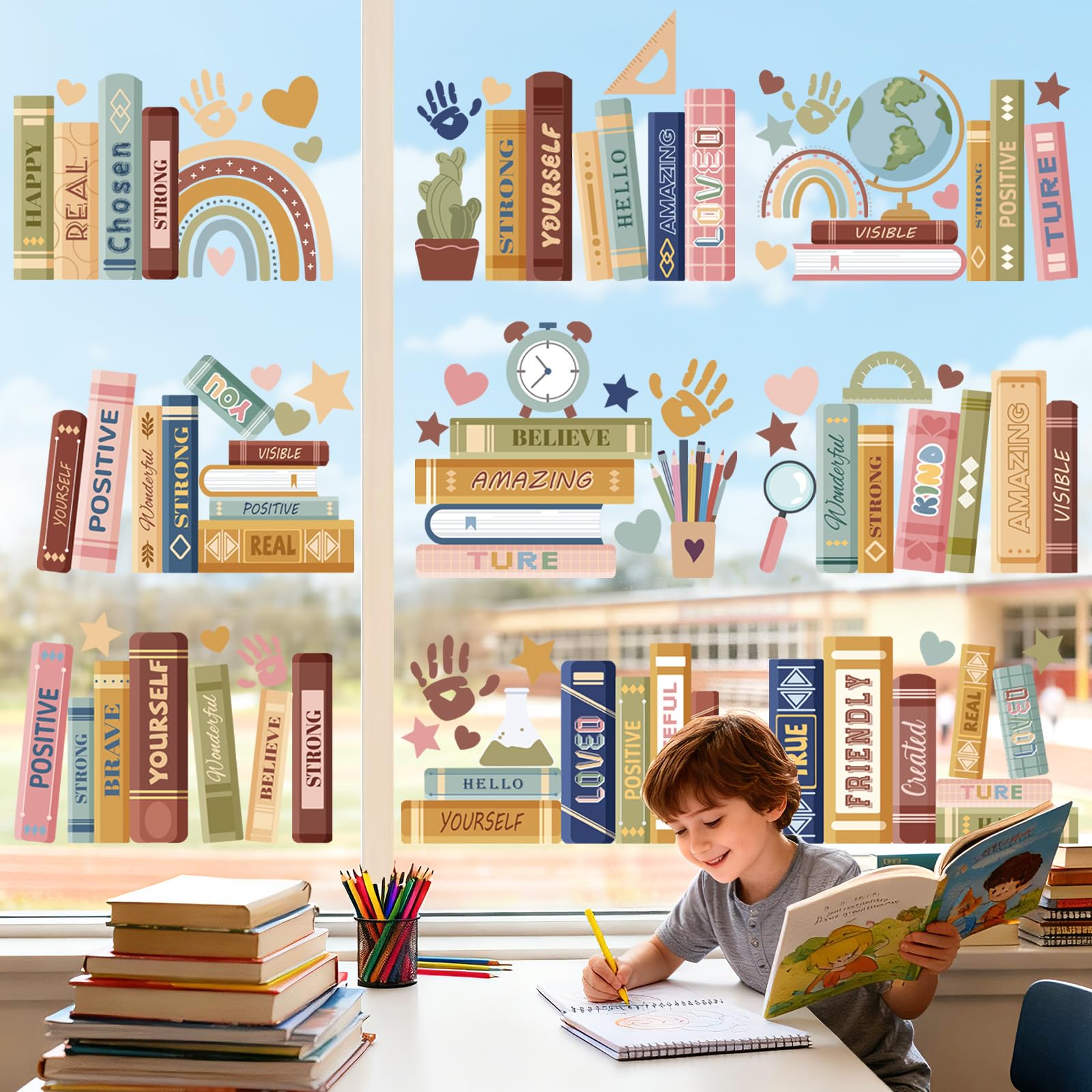 wondever Window Clings Decals Boho Books Back to School Glass Sticker