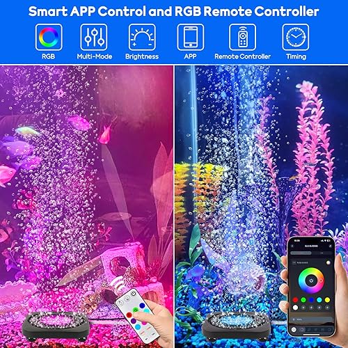 Submersible Fish Tank Decor Light: Aquarium Bubble LED Lights - IP68 Waterproof APP Remote Control 5050 RGB Color Changing Aquarium Decor Bubble Lamp for Fish Enthusiasts Aquatic Pets(15 LED lamp beads)