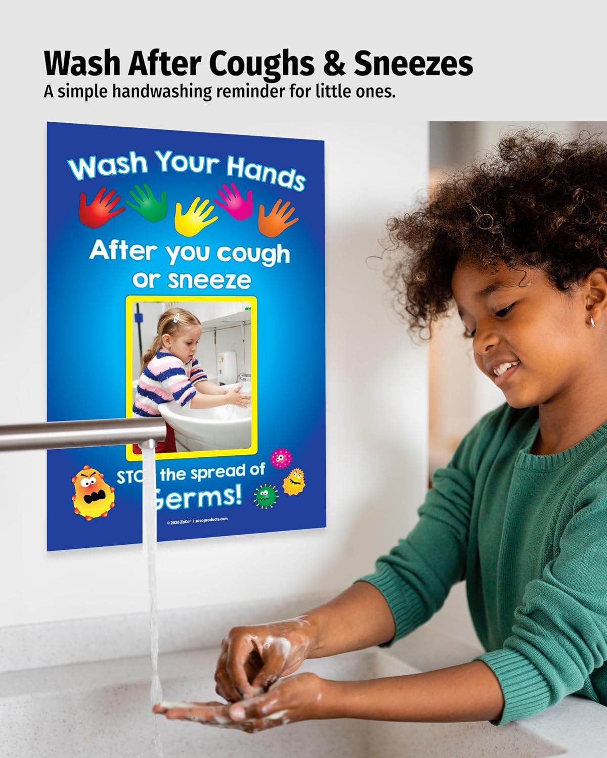 Safety Magnets Hand Washing Poster for Kids - 12" x18” Laminated - Hygiene Signs for Daycare & Elementary School - Nurse Office Decorations