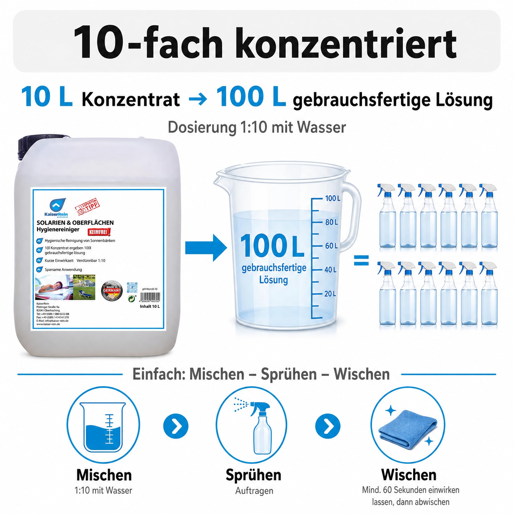 KaiserRein Oberflächenreiniger für Solarium & Sonnenbank, Hygienereiniger Konzentrat 10 L Kanister, pH-neutral & hautfreundlich, schonend zu Kunststoff, für Fliesen, Lack & Edelstahl, frischer Duft