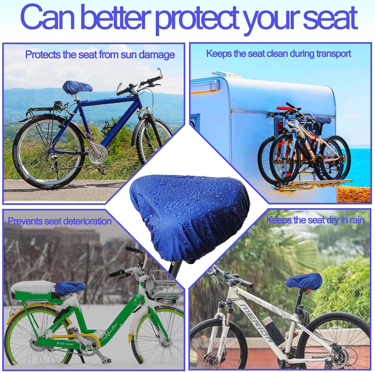 Waterproof Bicycle Seat Covers Dustproof Rainproof UV-Resistant and Windproof Easy to Install and Clean Reusable Suitable for Men’s and Women’s City Bike and Wide Seats(2pcs Blue)