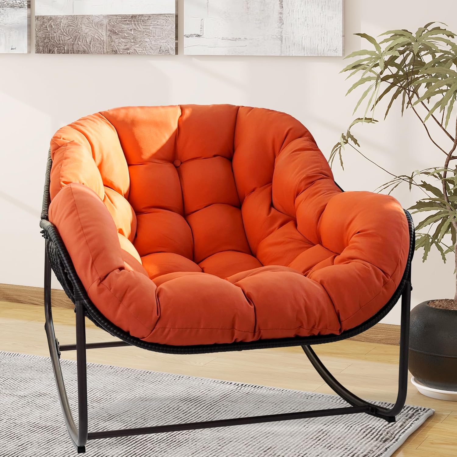 Papasan Rocking Chair, Oversized Papasan Chair with Cushion and Frame for Indoor& Outdoor, Deep Seat Egg-Shaped Rocker Chair for Garden, Deck, Living Room, Brown