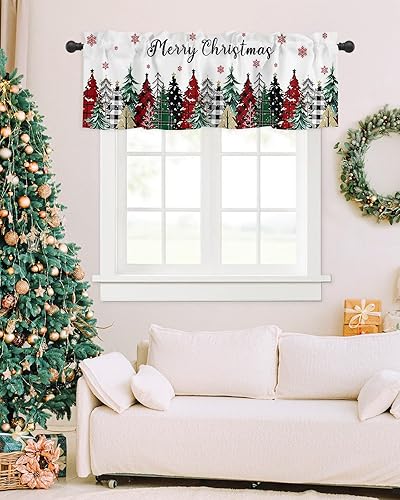Miniatura 7 de Cortinas de cenefas de Feliz Navidad para cocina, rojo, verde, negro, búfalo, árbol de Navidad, copos de nieve, cenefa de cocina blanca, cortinas